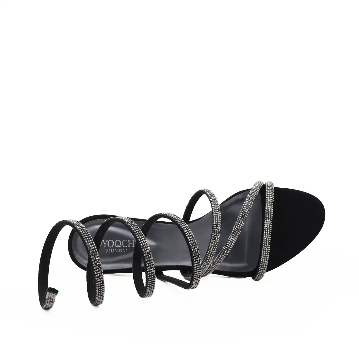 Top view of party wear black strappy heels with ankle strap for women designed by oyoqchi