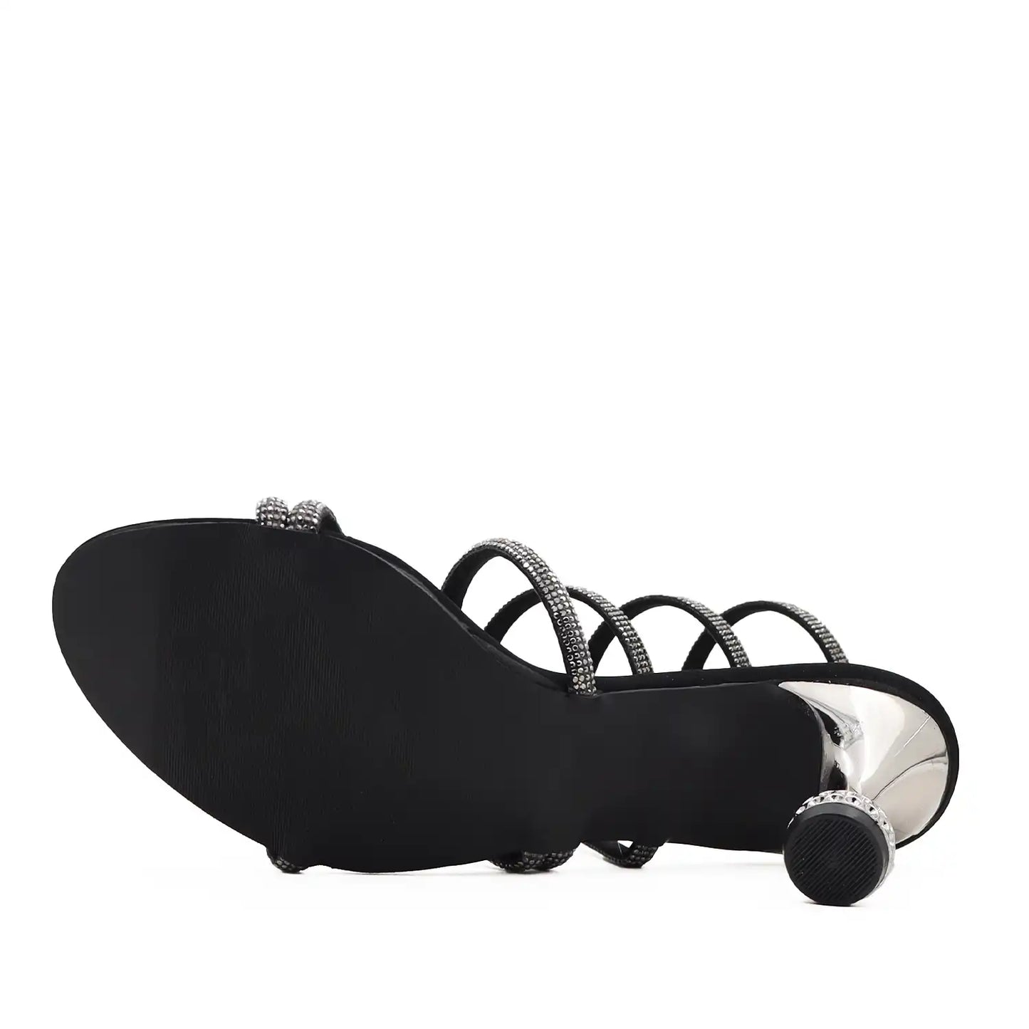 Oyoqchi's partywear black strappy heel with decorative straps, sole and heel view on a white background