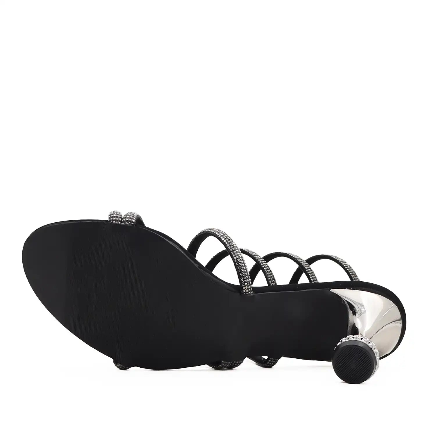 Oyoqchi's partywear black strappy heel with decorative straps, sole and heel view on a white background