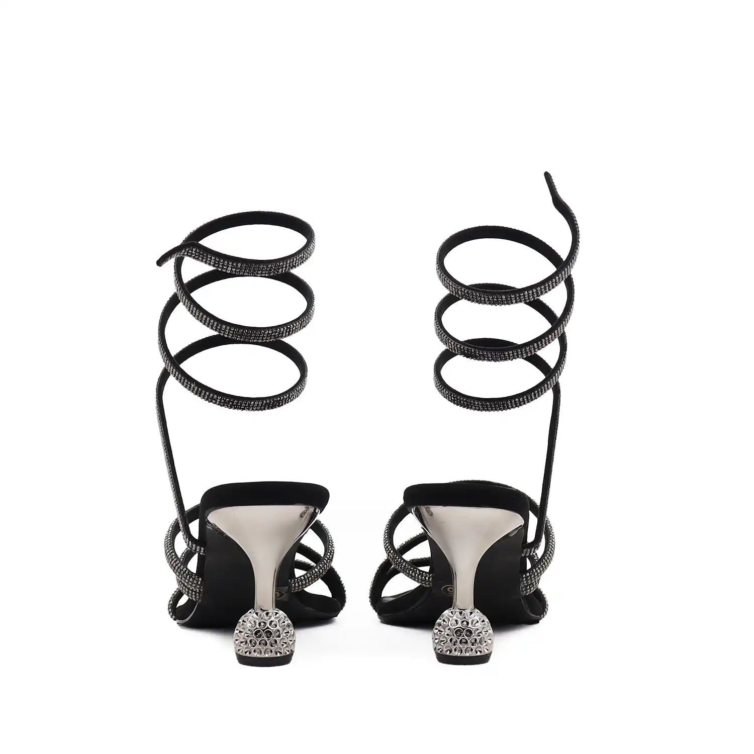 Women's partywear black high-heeled sandals with spiral straps and crystal embellishments on a white background