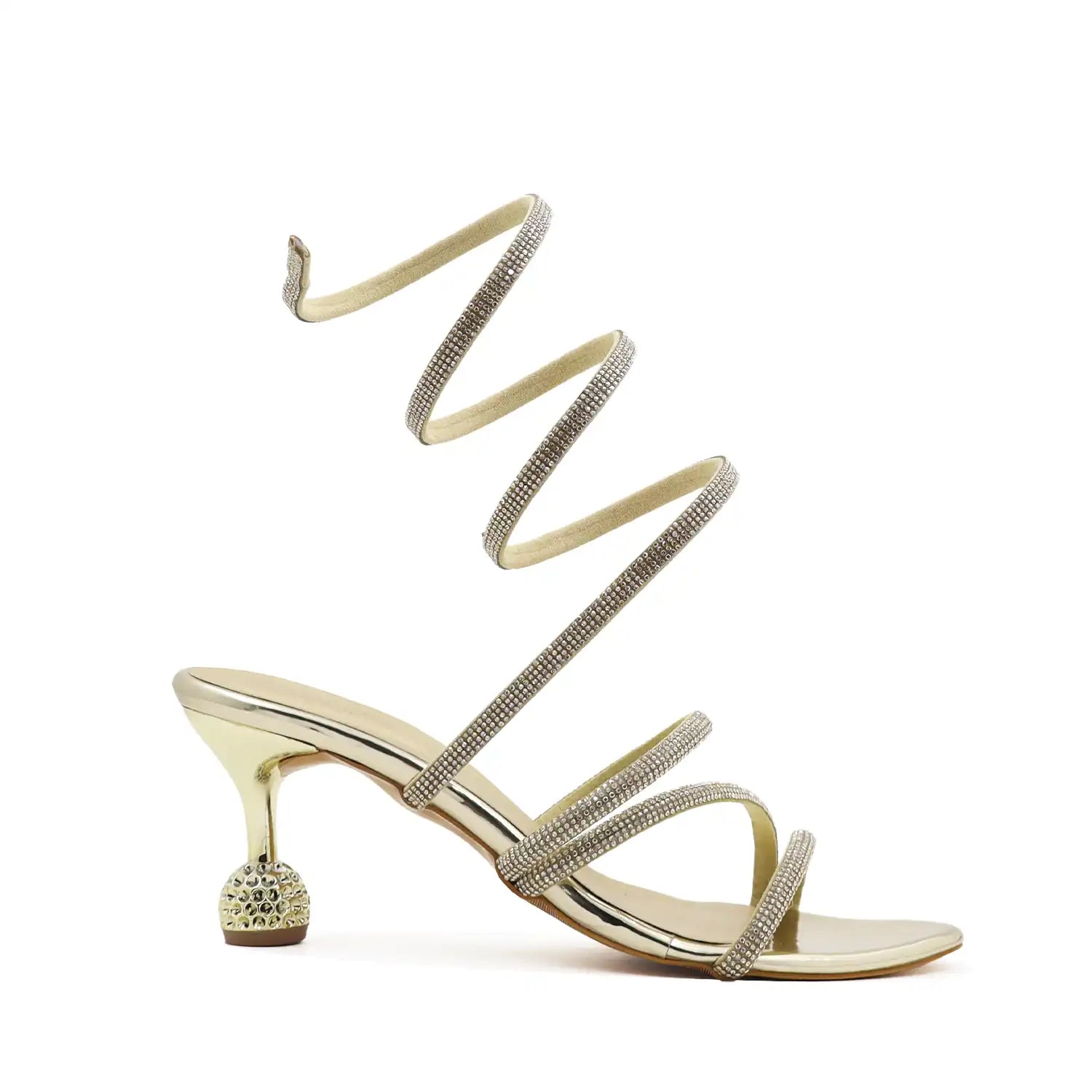 Oyoqchi women's partywear gold strappy heels with rhinestone embellishments on straps
