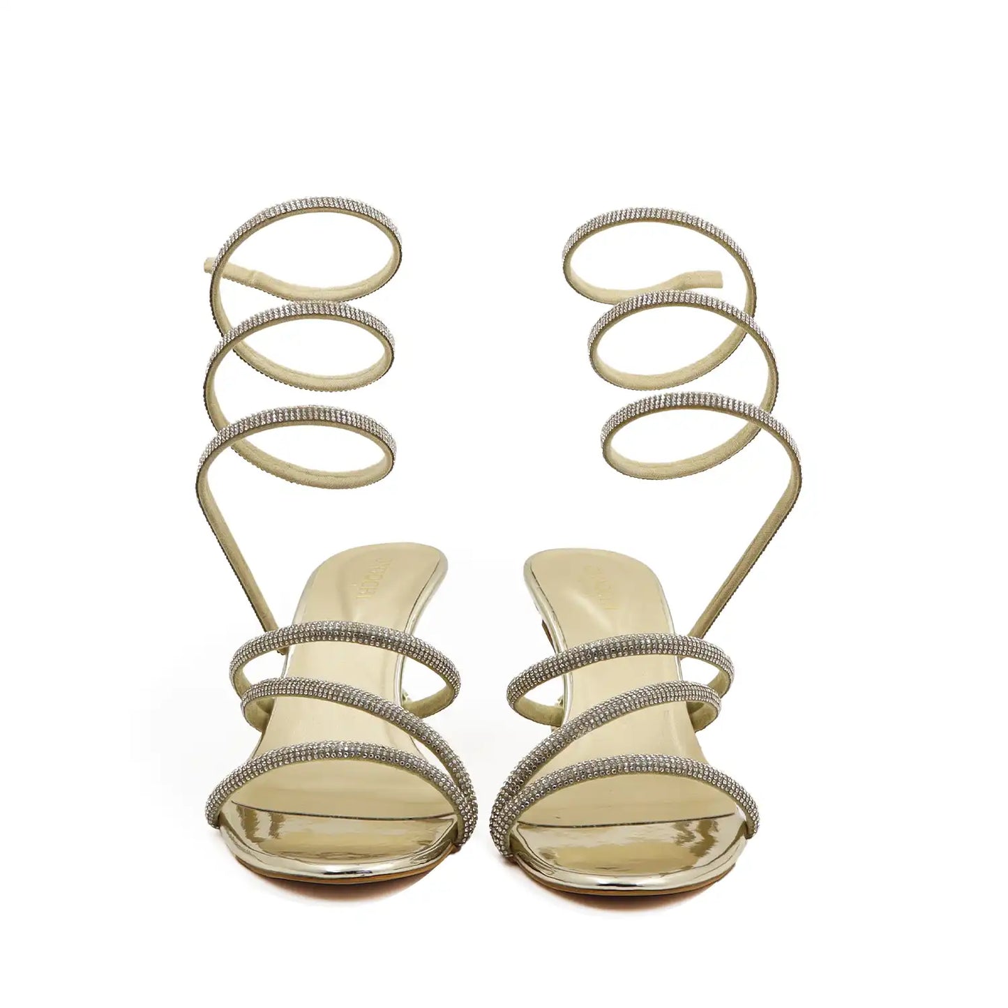 Women's partywear gold strappy heel sandals with open-toe design on a white background
