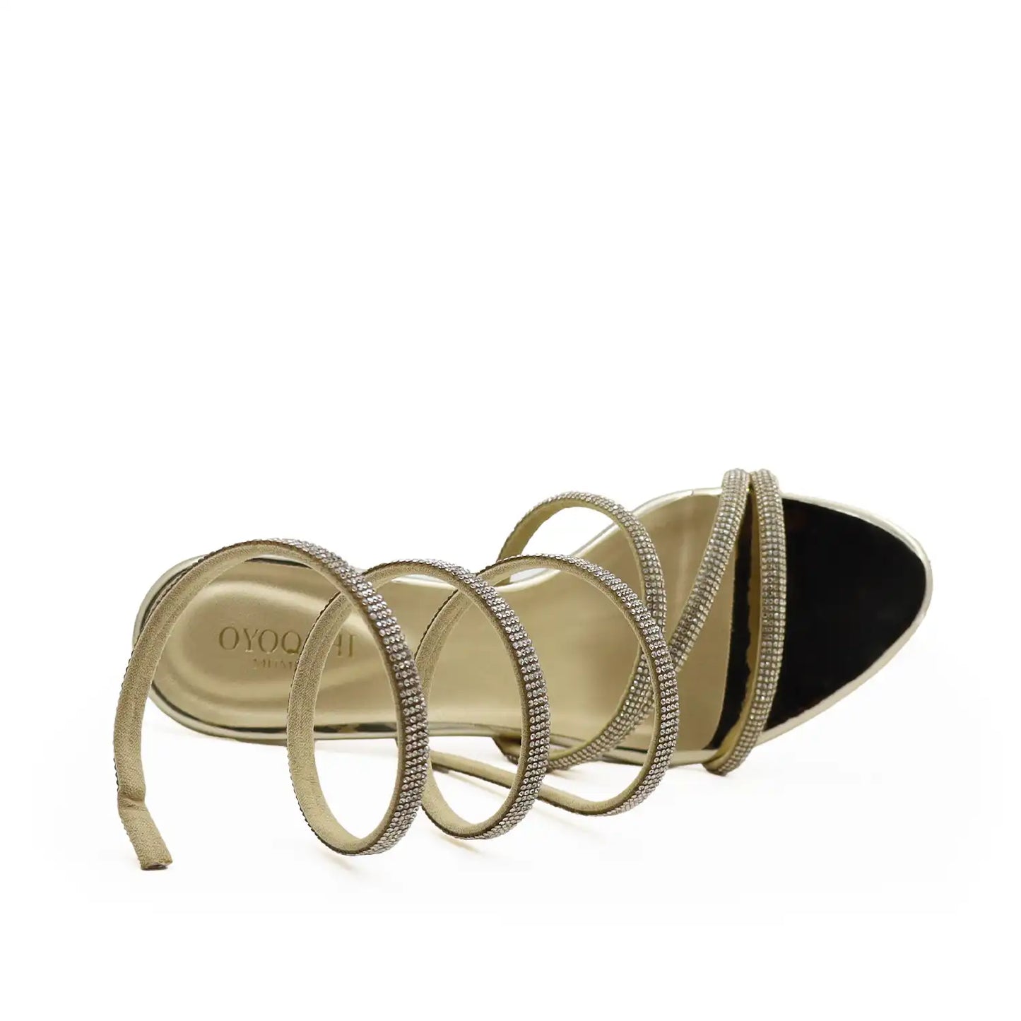Top view of women's gold strappy heels with oyoqchi logo