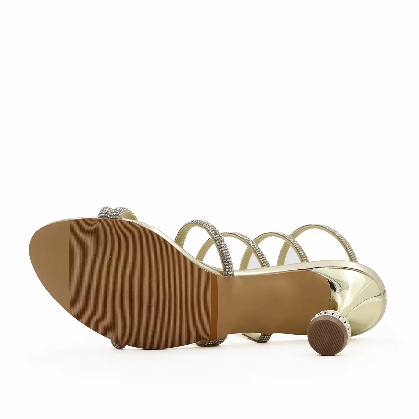 Women's partywear gold strappy heels with ankle strap, heel and sole view 