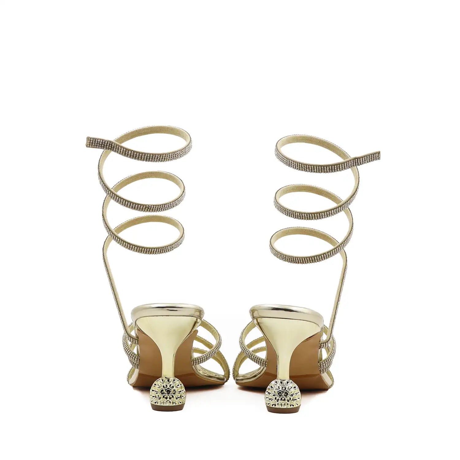 Women's party wear gold strappy heels with ankle strap, back and heels view