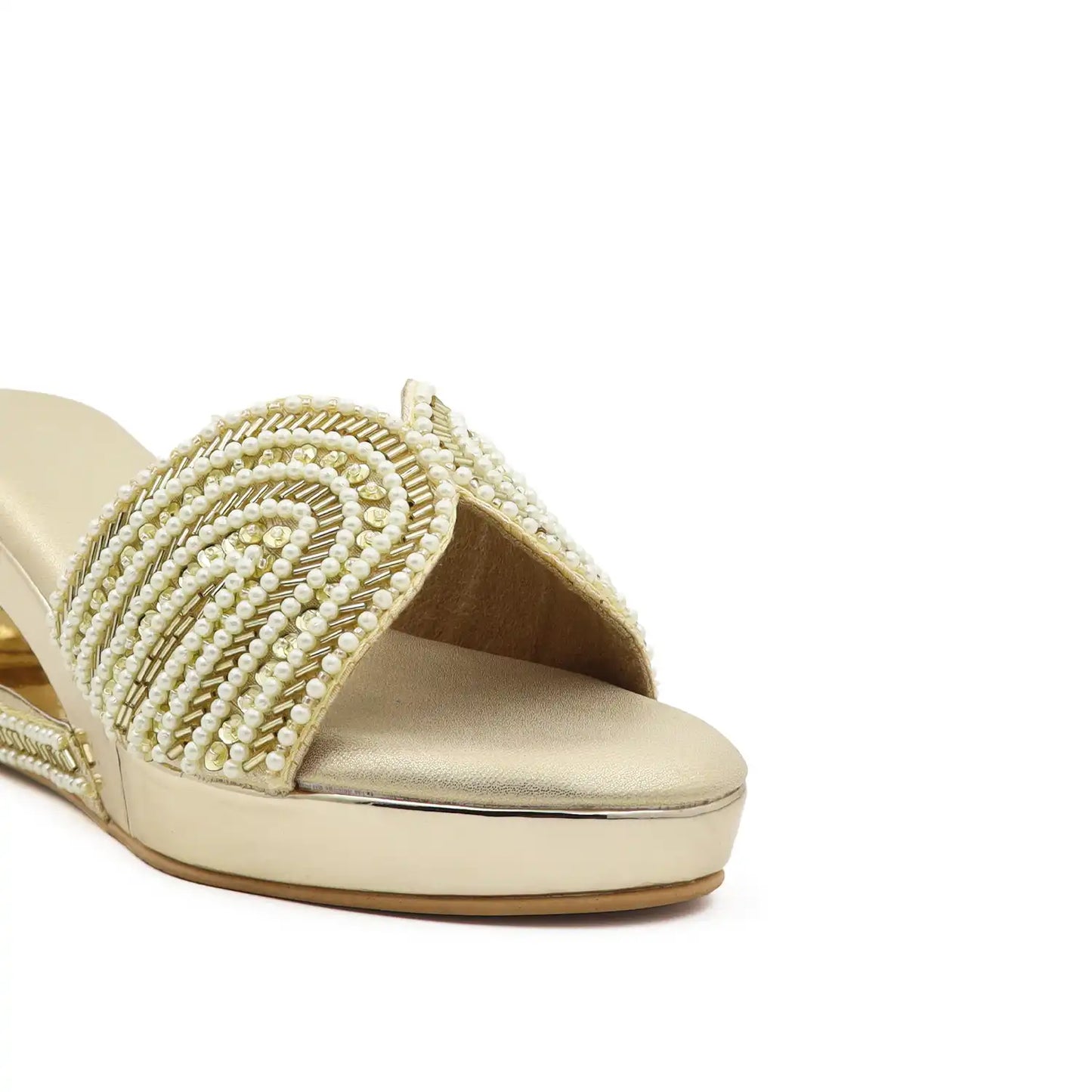 Women's pearl embellished 3 inch wedge sandals with cushioned footbed in Gold for wedding, festive and party wear, close up