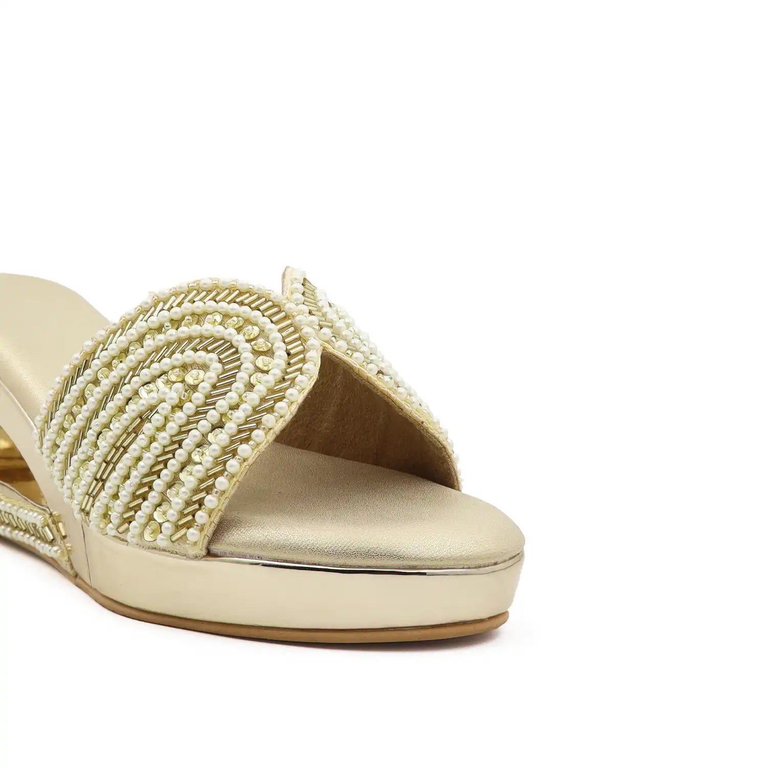Women's pearl embellished 3 inch wedge sandals with cushioned footbed in Gold for wedding, festive and party wear, close up