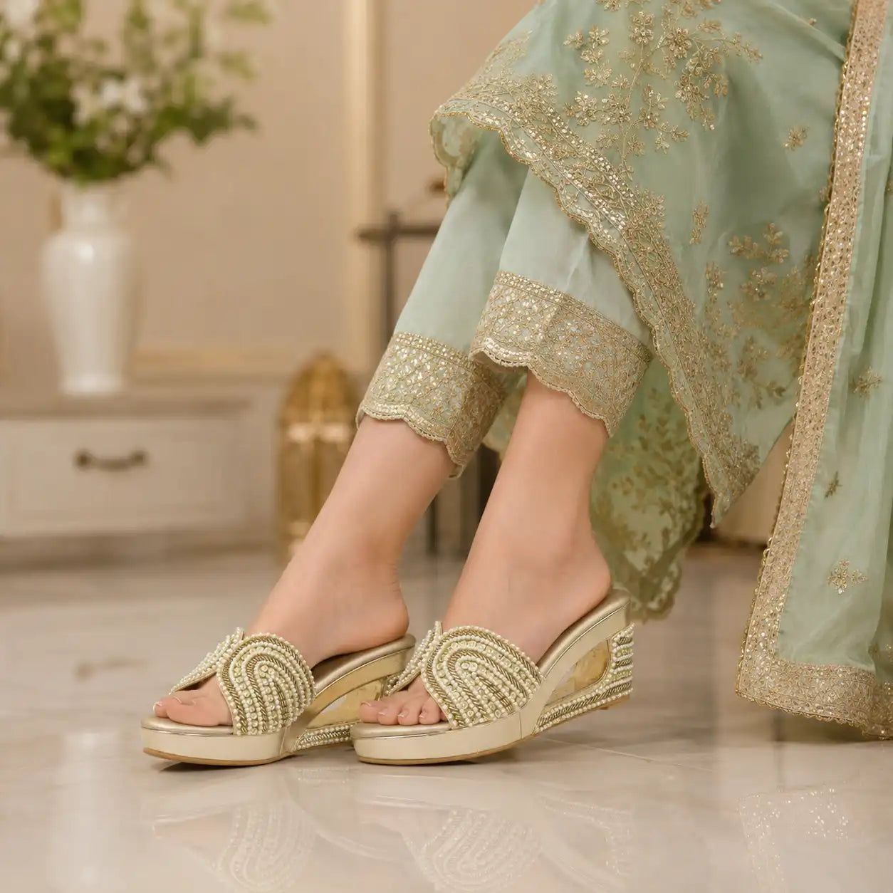 Women's pearl embellished 3 inch wedge sandals with cushioned footbed in Gold for wedding, festive and party wear lifestyle