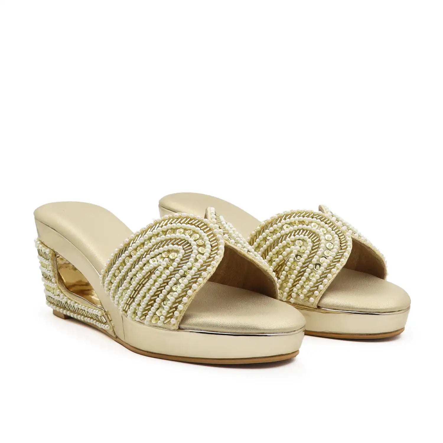 Women's pearl embellished 3 inch wedge sandals with cushioned footbed in Gold for wedding, festive and party wear, pair view