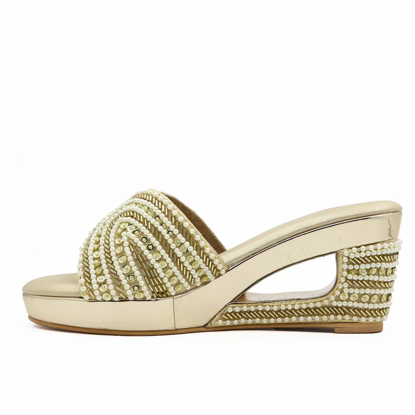 Women's pearl embellished 3 inch wedge sandals with cushioned footbed in Gold for wedding, festive and party wear, side view