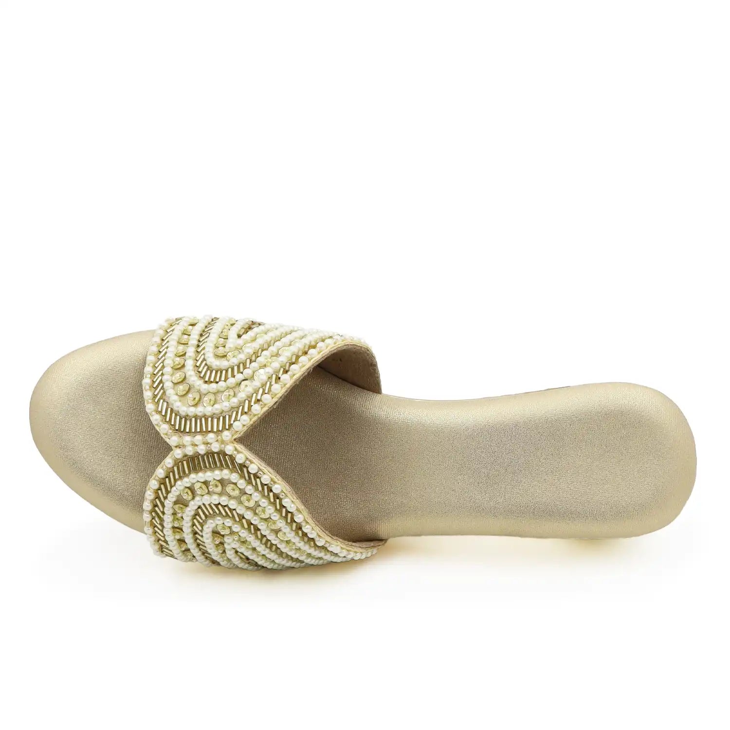 Women's pearl embellished 3 inch wedge sandals with cushioned footbed in Gold for wedding, festive and party wear, top