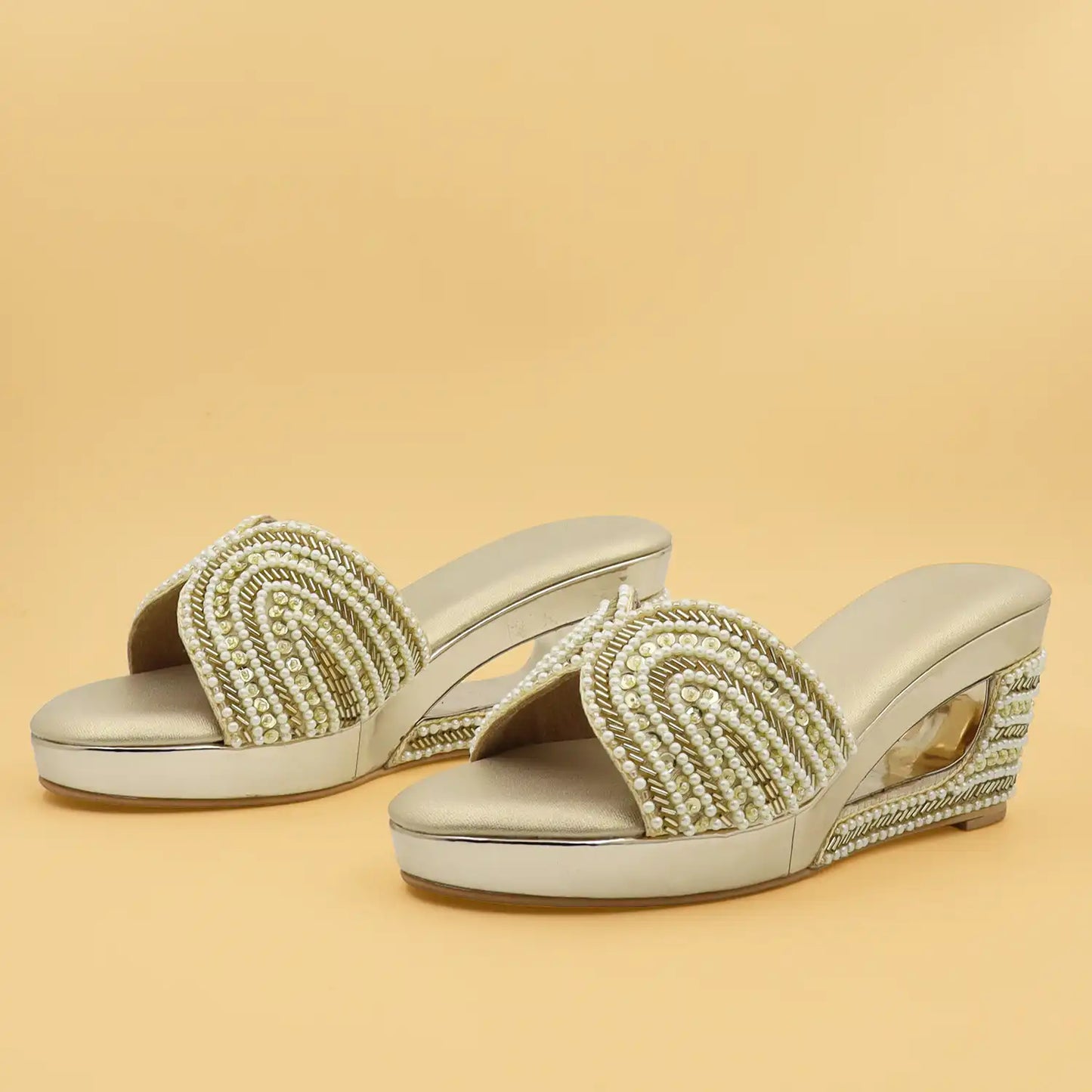 Women's pearl embellished 3 inch wedge sandals with cushioned footbed in Gold for wedding, festive and party wear.
