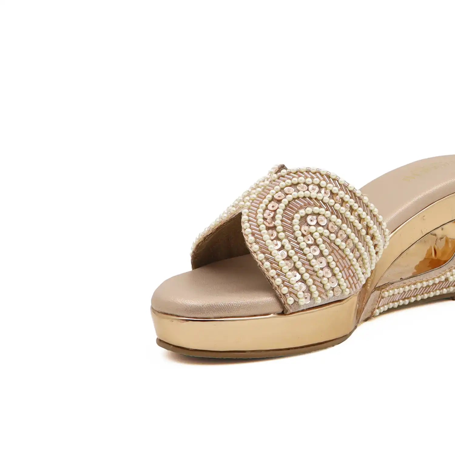 Women's pearl embellished 3 inch wedge sandals with cushioned footbed in Rose Gold for wedding, festive and party wear, close up view