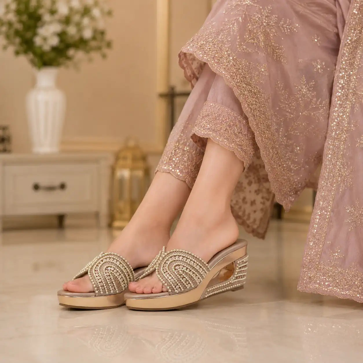 Women's pearl embellished 3 inch wedge sandals with cushioned footbed in Rose Gold for wedding, festive and party wear, lifestyle