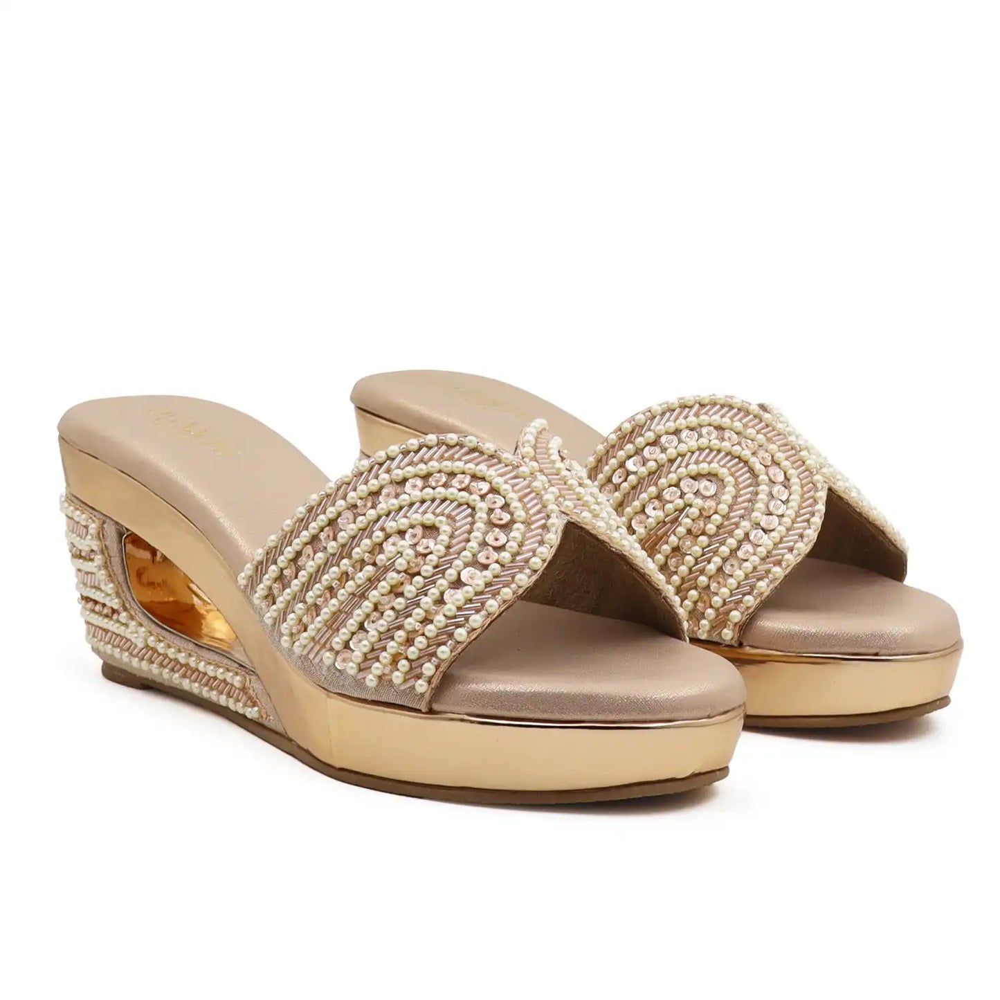 Women's pearl embellished 3 inch wedge sandals with cushioned footbed in Rose Gold for wedding, festive and party wear, pair view