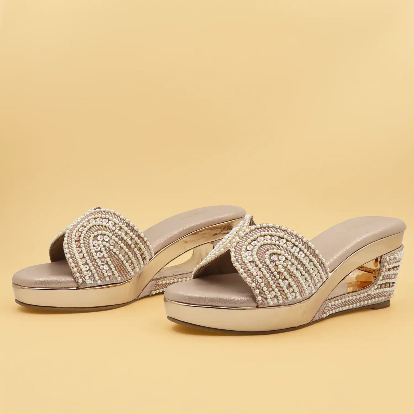 Women's pearl embellished 3 inch wedge sandals with cushioned footbed in Rose Gold for wedding, festive and party wear.