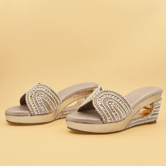Women's pearl embellished 3 inch wedge sandals with cushioned footbed in Rose Gold for wedding, festive and party wear.