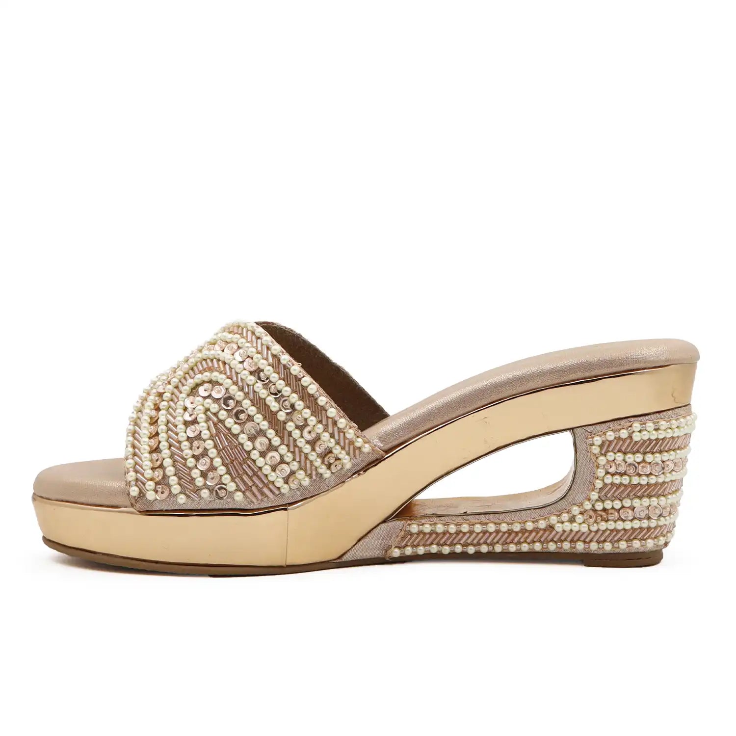 Women's pearl embellished 3 inch wedge sandals with cushioned footbed in Rose Gold for wedding, festive and party wear, side view