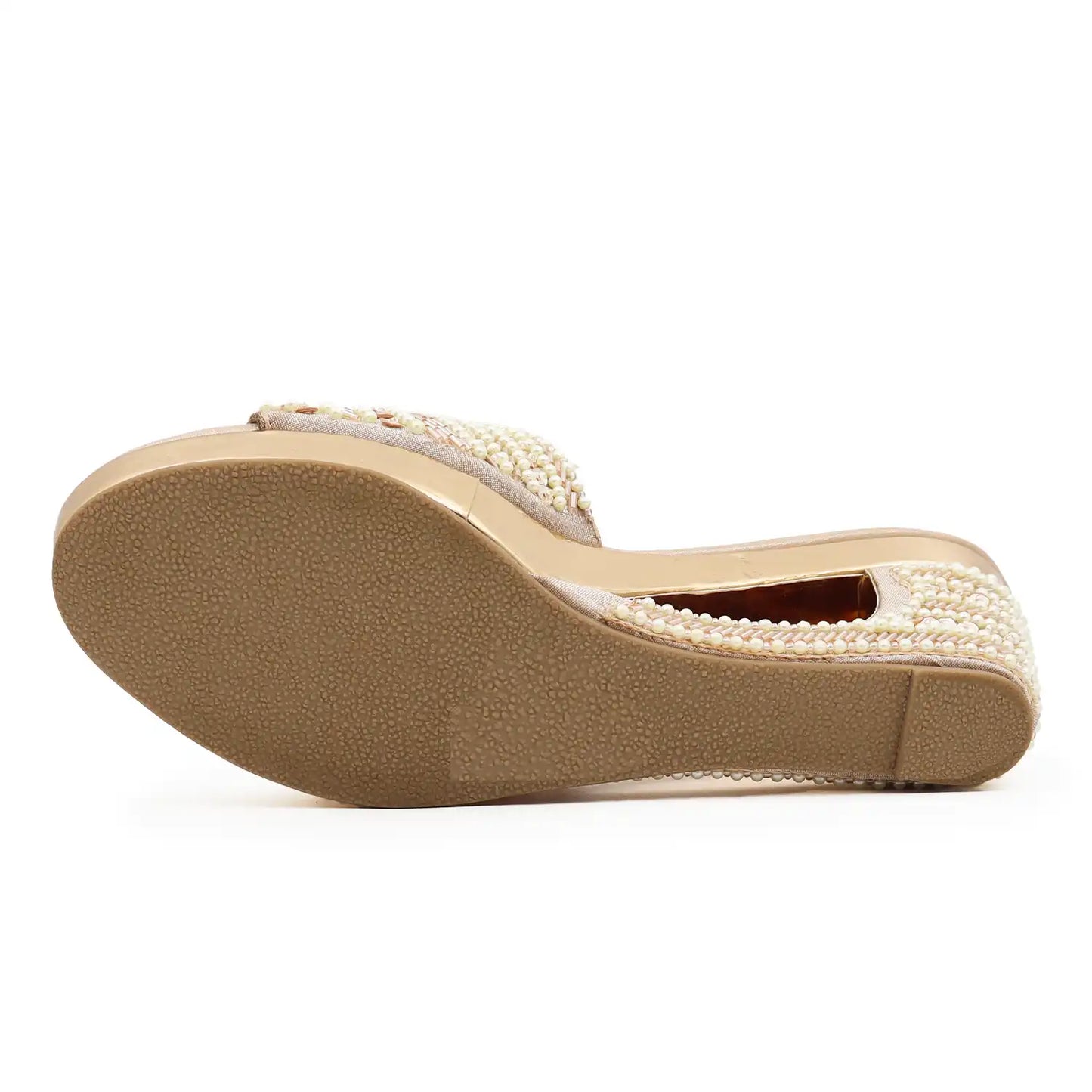 Women's pearl embellished 3 inch wedge sandals with cushioned footbed in Rose Gold for wedding, festive and party wear, sole view
