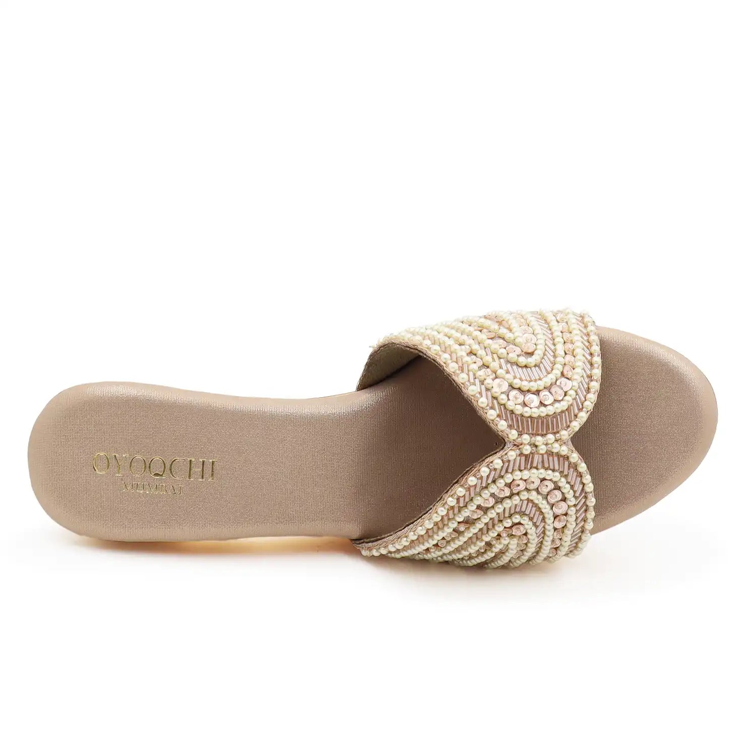 Women's pearl embellished 3 inch wedge sandals with cushioned footbed in Rose Gold for wedding, festive and party wear, top view