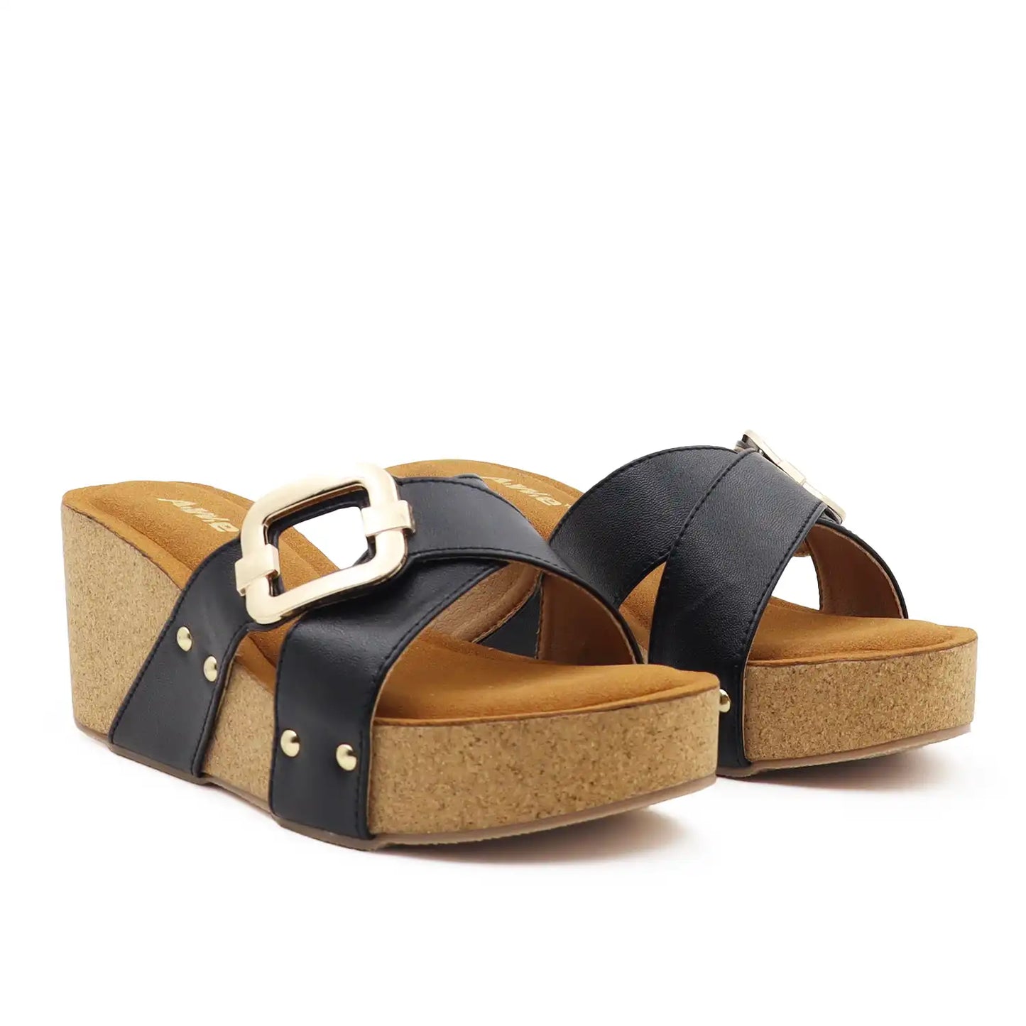 Women's 2.5 inch Platform Wedge Sandals with soft cushioned footbed in Black for office wear, casual outings and everyday comfort. Angled View