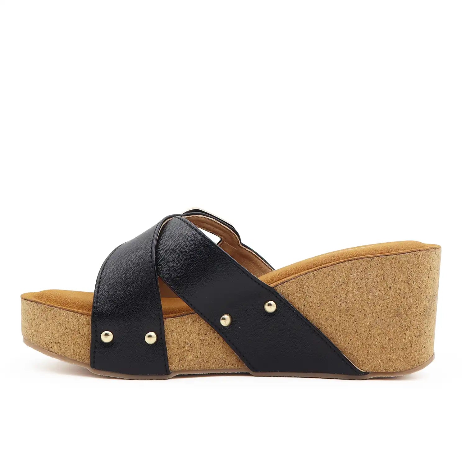 Side view Of Women's 2.5 inch Platform Wedge Sandals with soft cushioned footbed in Black for office wear, casual outings and everyday comfort.