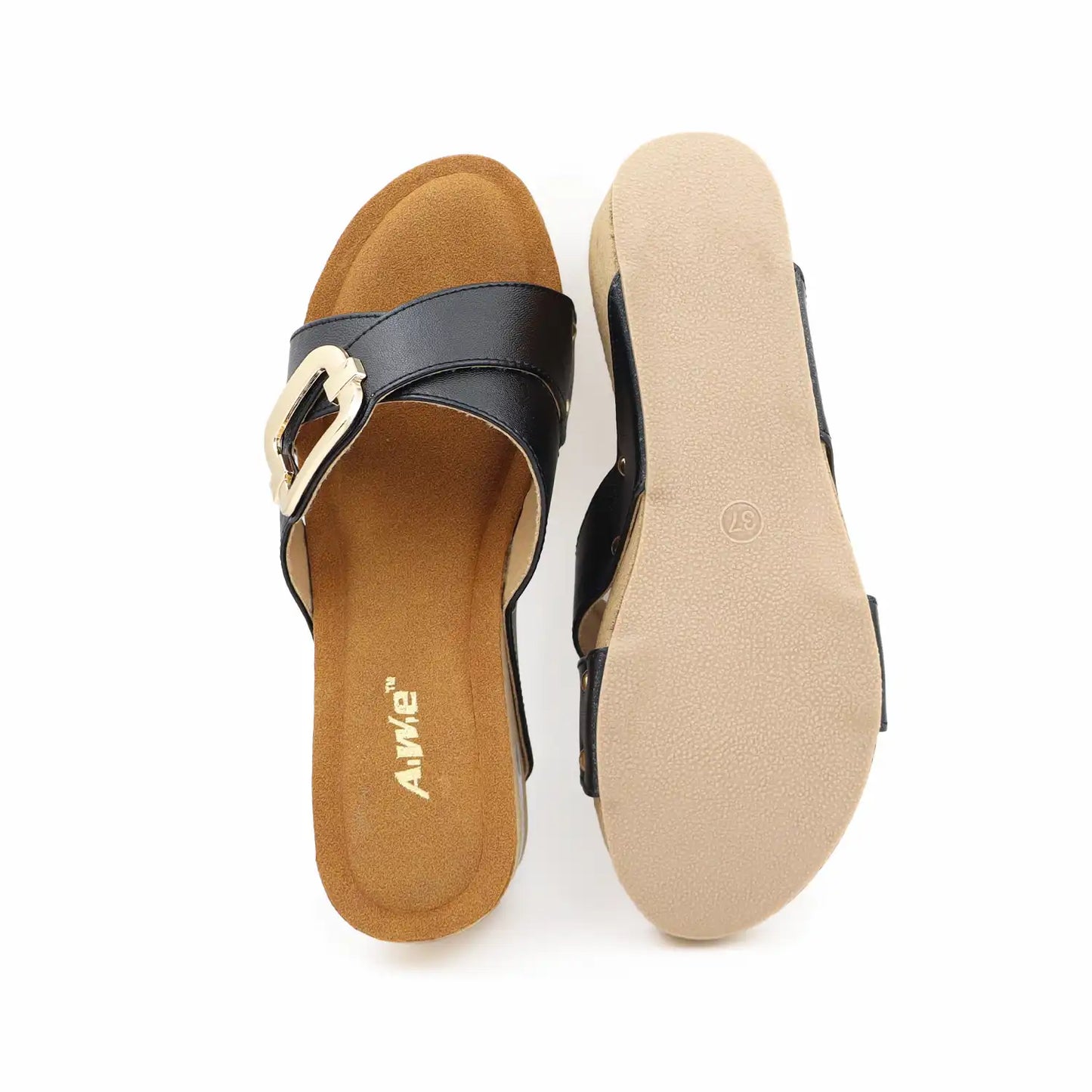 Women's 2.5 inch Platform Wedge Sandals with soft cushioned footbed in Black for office wear, casual outings and everyday comfort, Sole And Top View