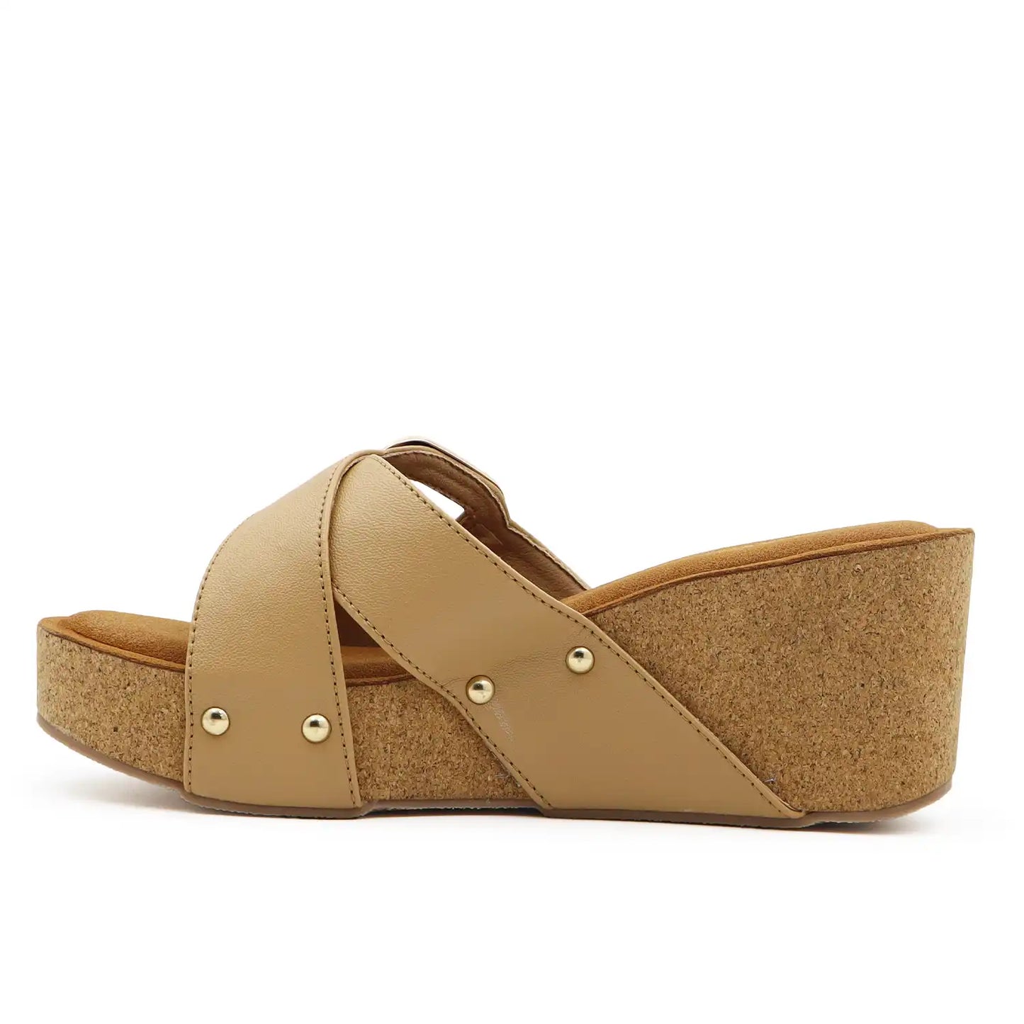 side View of Women's 2.5 inch Platform Wedge Sandals with soft cushioned footbed in Brown for office wear, casual outings and everyday comfort.