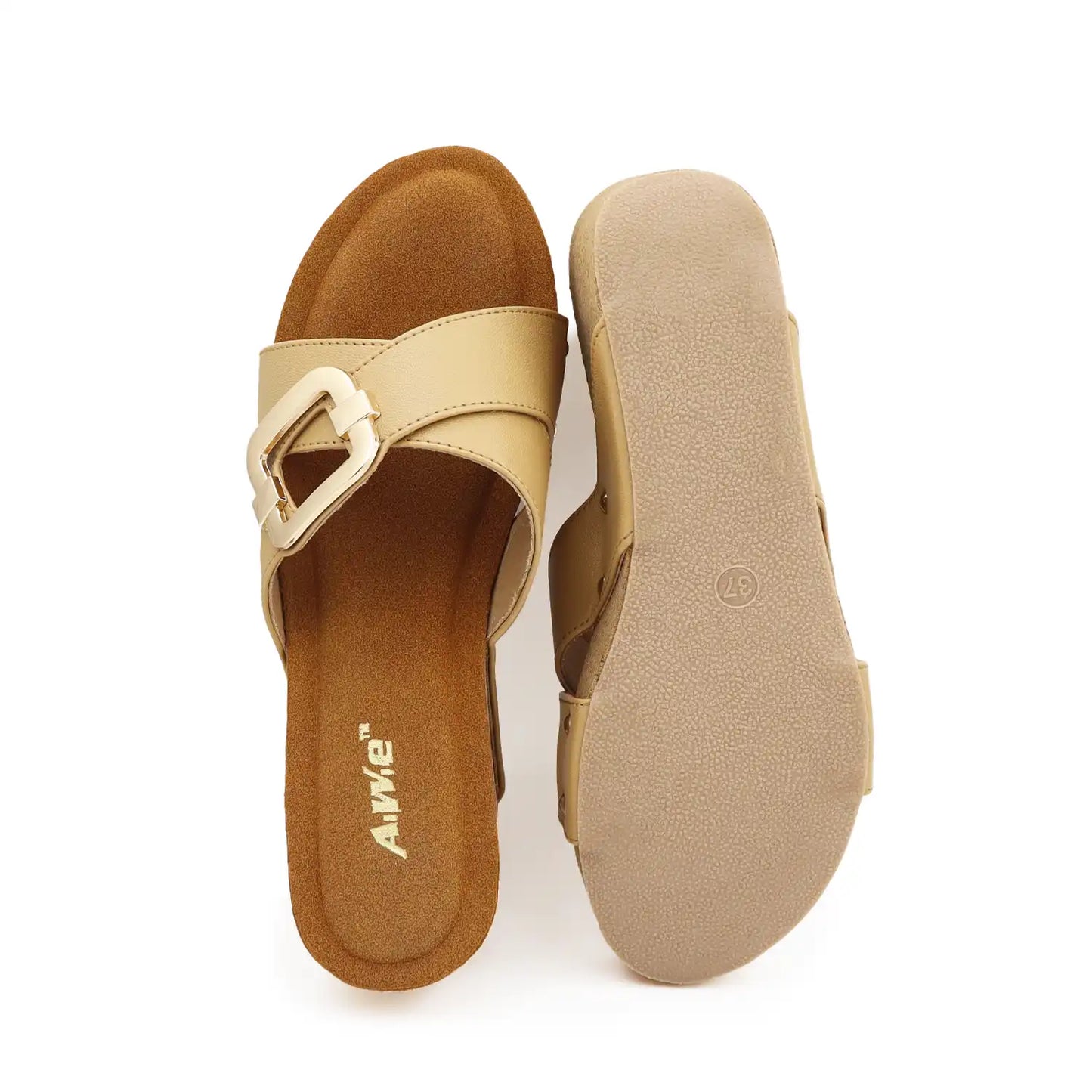 A pair of women's slide sandals in beige and tan, showing the top strap with a buckle detail, the brown footbed, and the textured beige outsole against a white background.