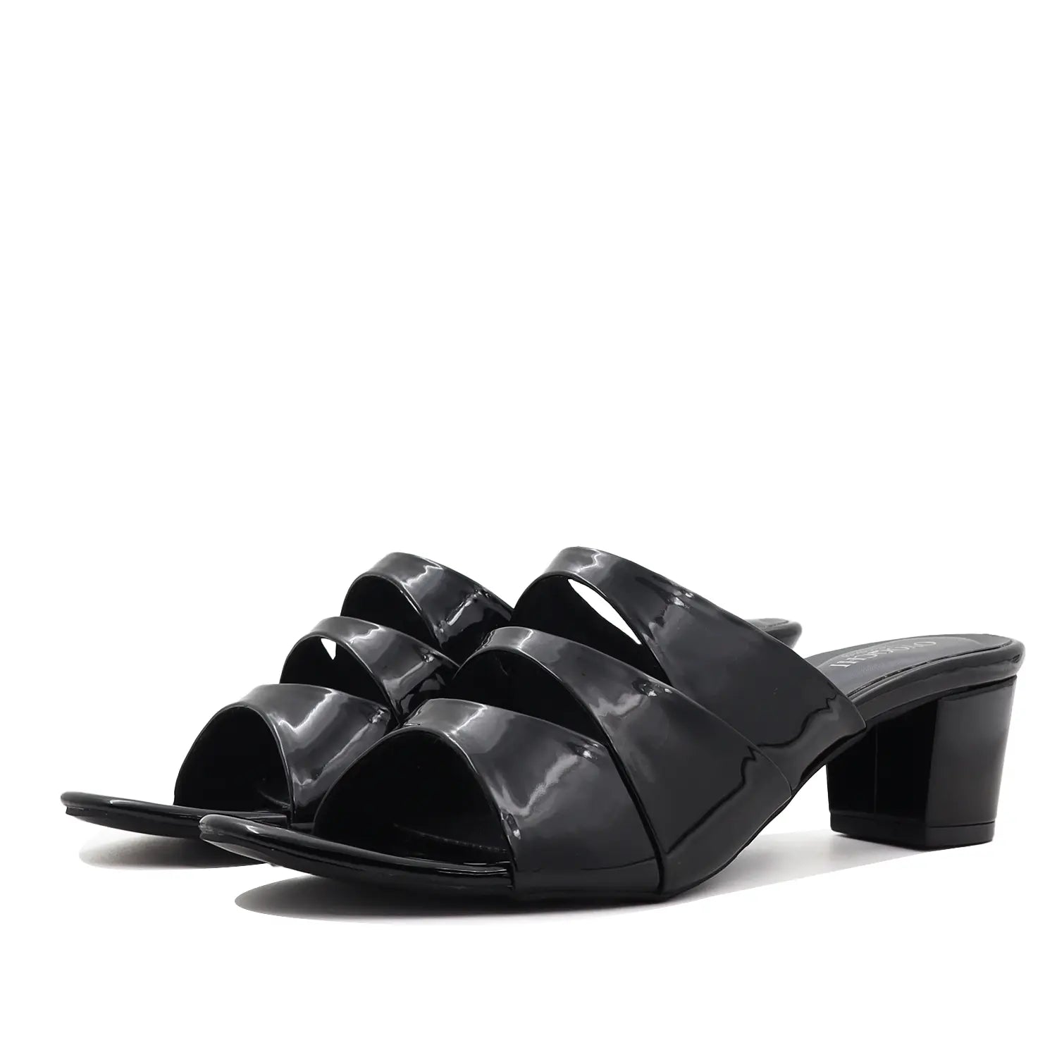 Oyoqchi women's black block heel sandals, angled pair view