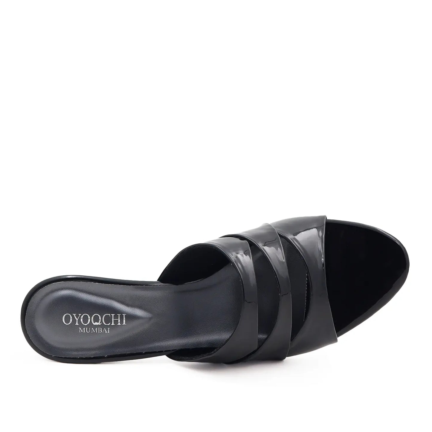 Women's black block heel sandals, top view