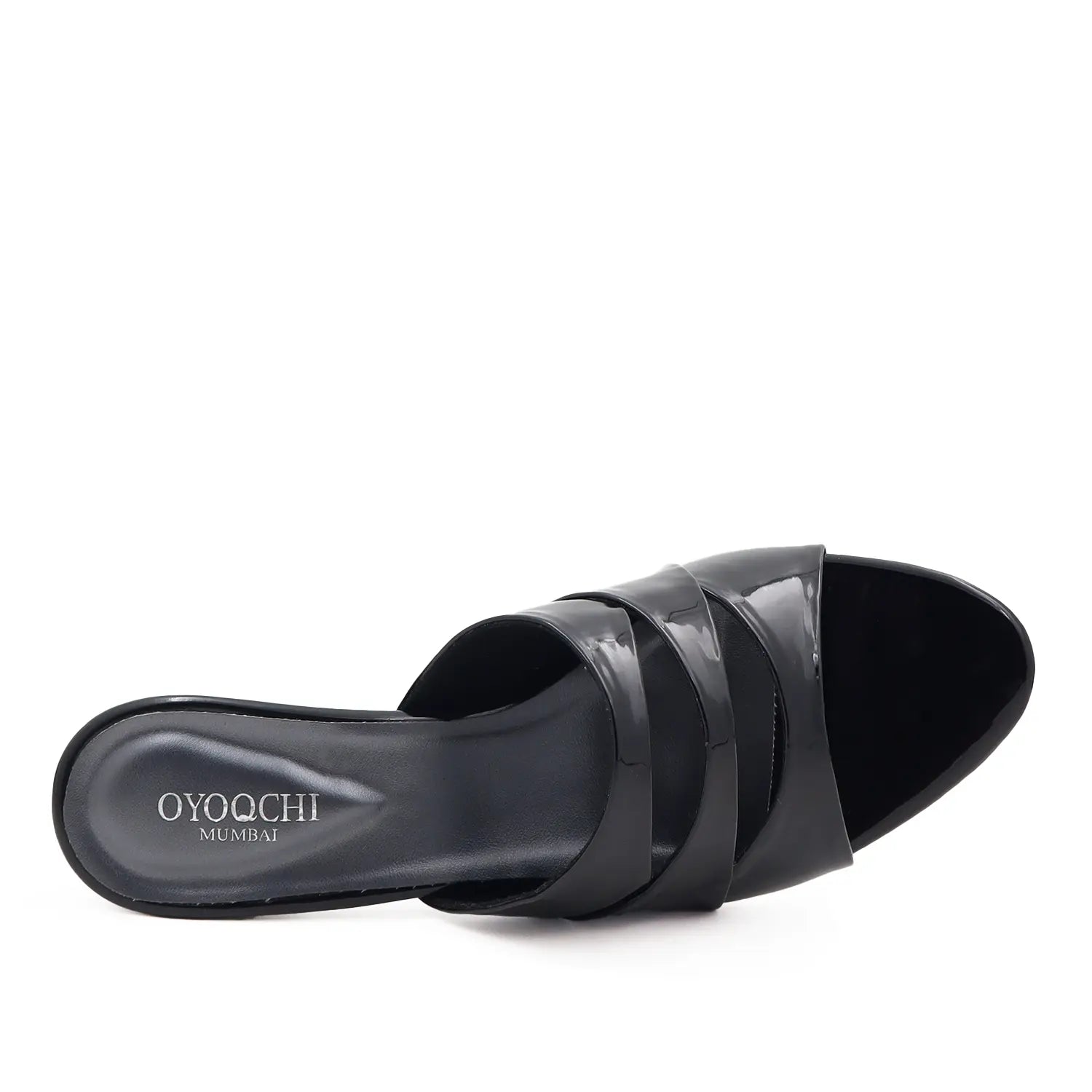 Women's black block heel sandals, top view