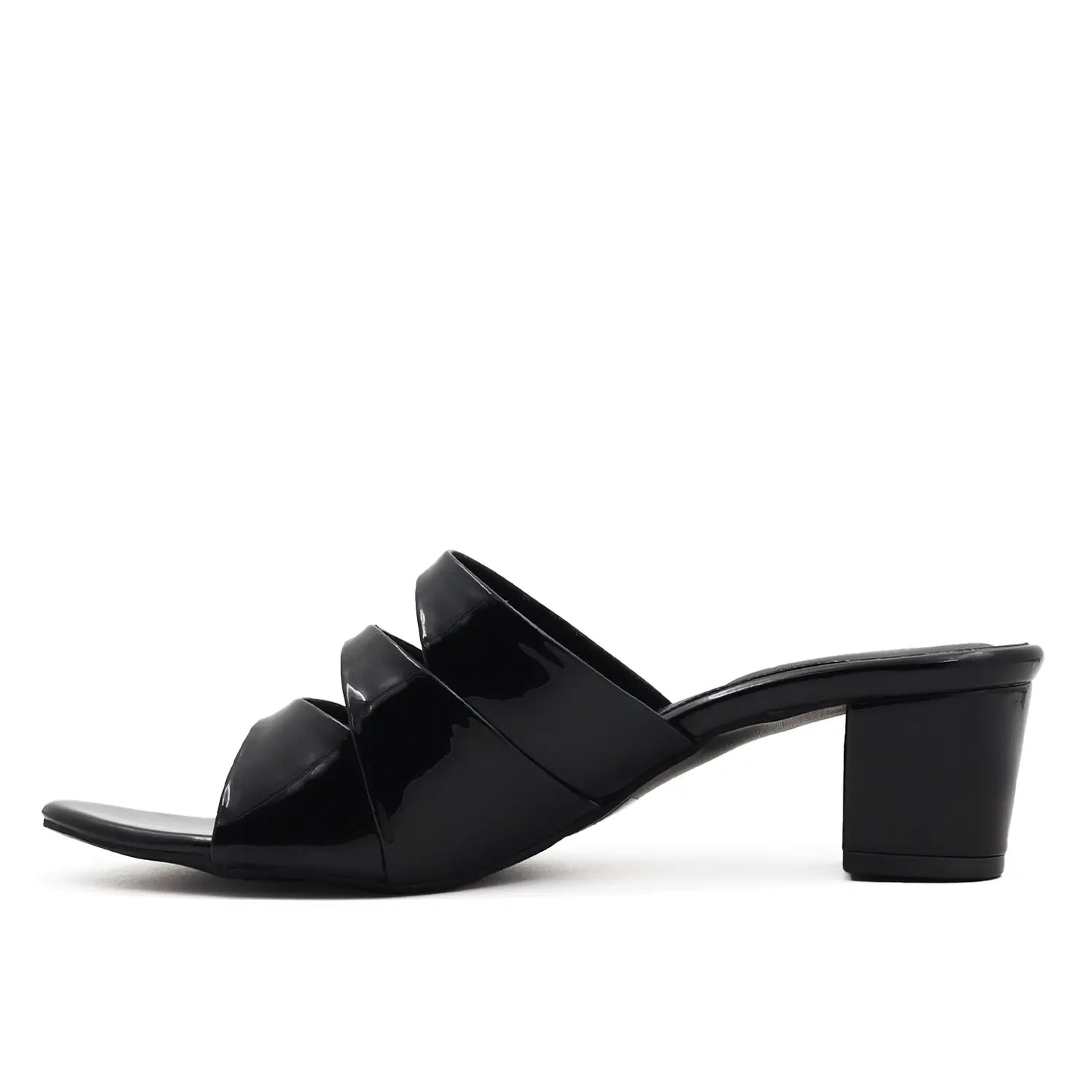 Women's black block heel sandals, side profile view