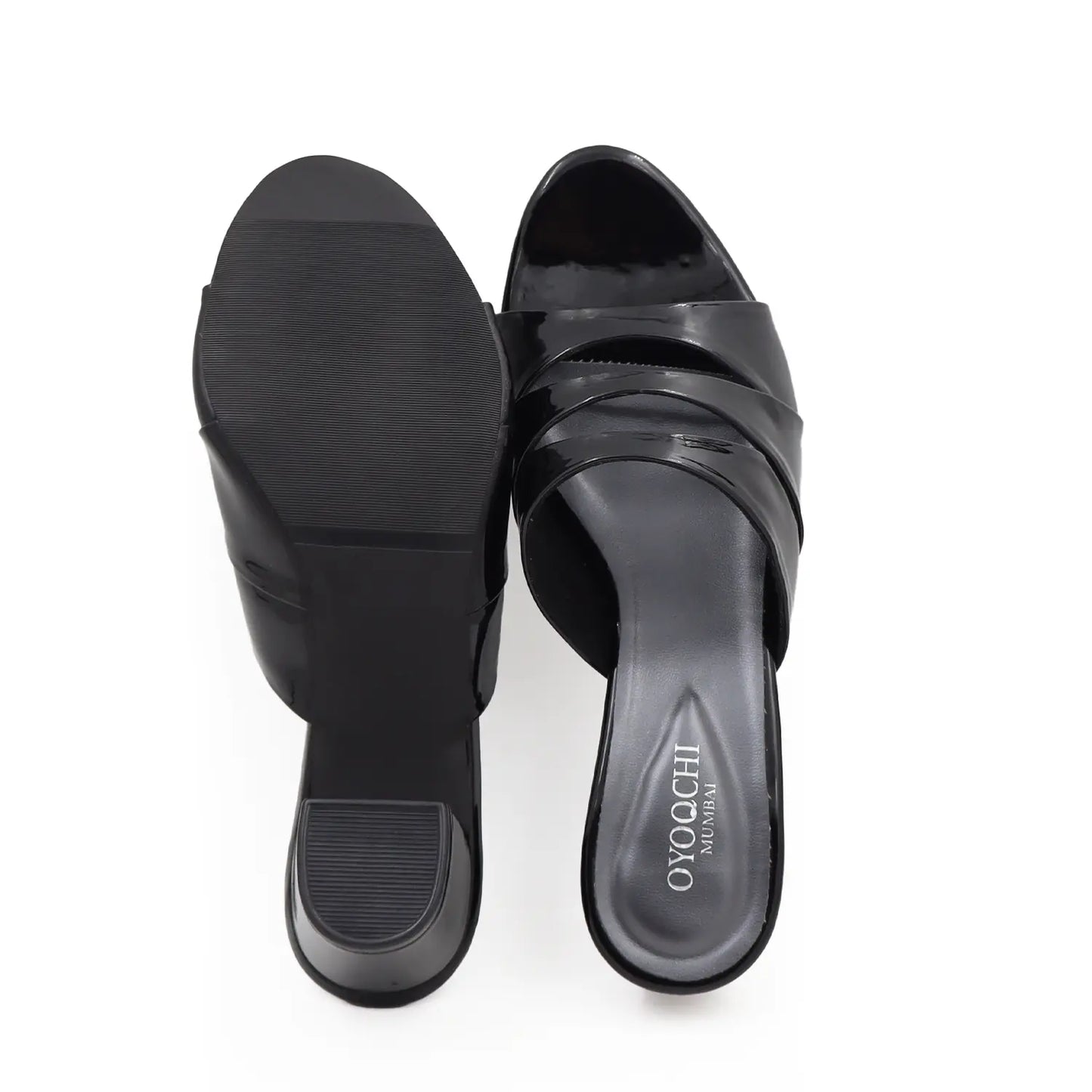 Top and sole view of oyoqchi women's black block heel sandals