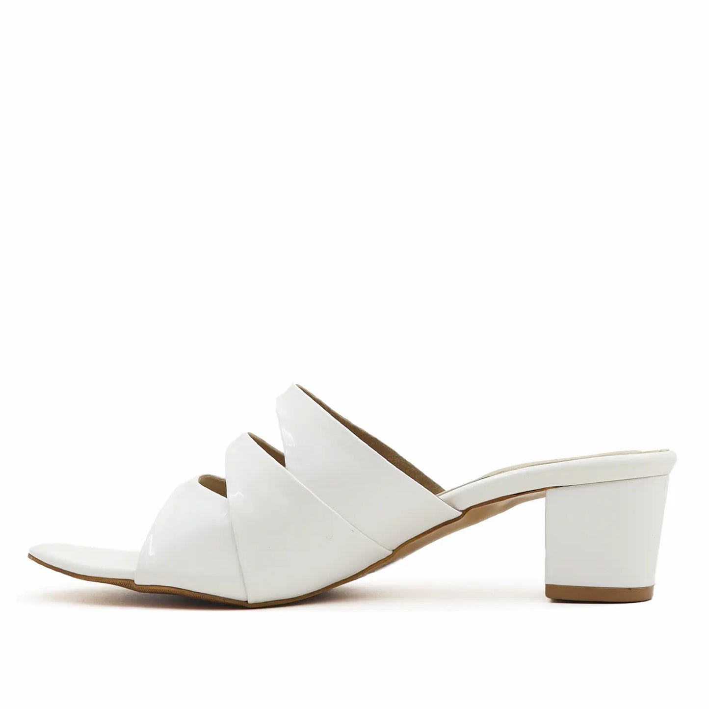 Women's white block heel sandals, side profile view