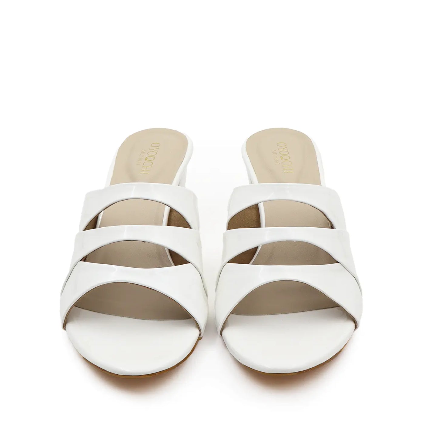 A pair of women's white block heel sandals, front view