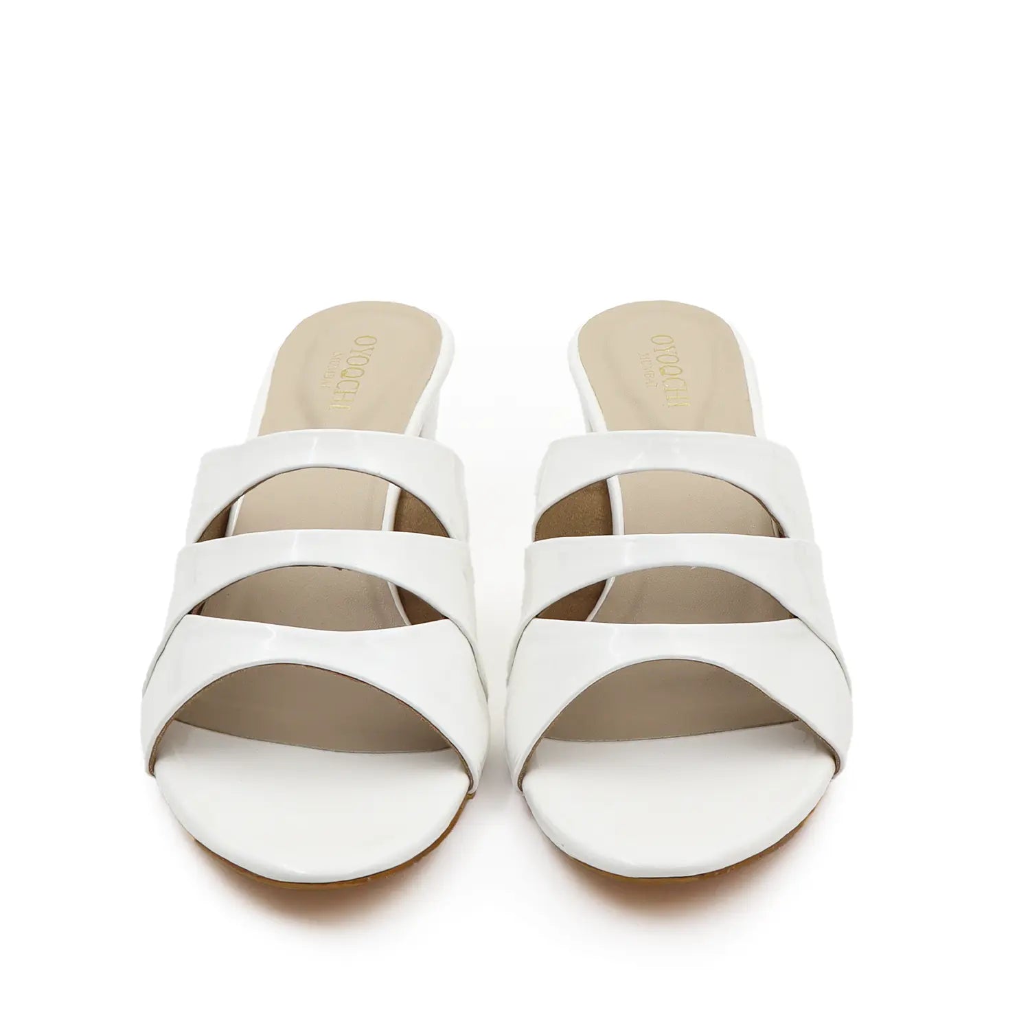 A pair of women's white block heel sandals, front view