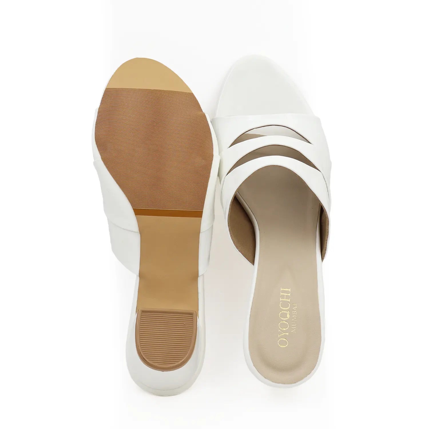 Oyoqchi women's white block heel sandals, top and sole view