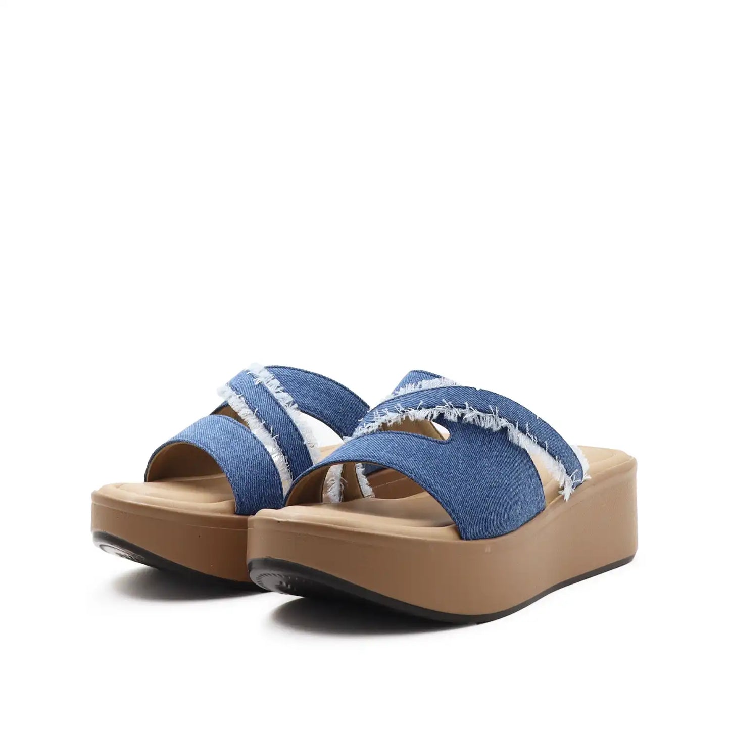 Riva Denim Cross-Strap Platform Slides