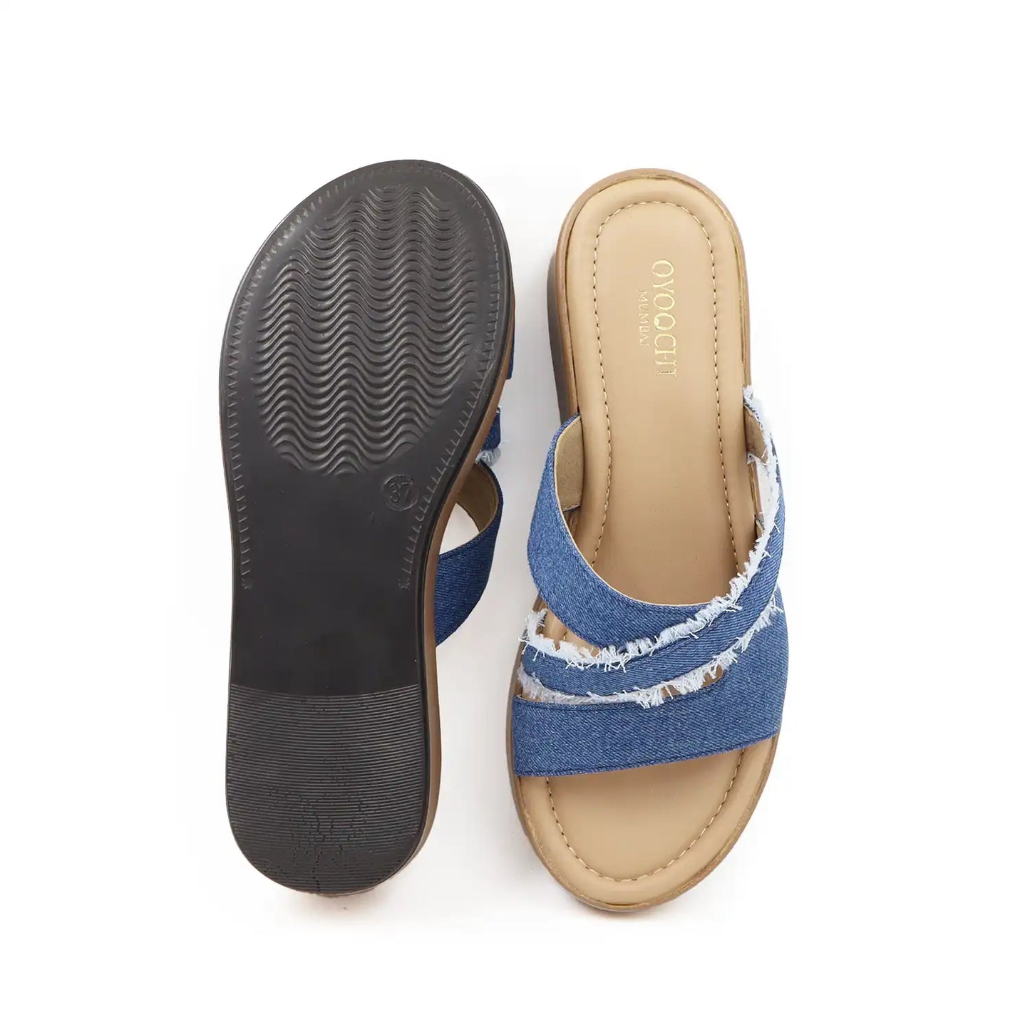 Riva Denim Cross-Strap Platform Slides
