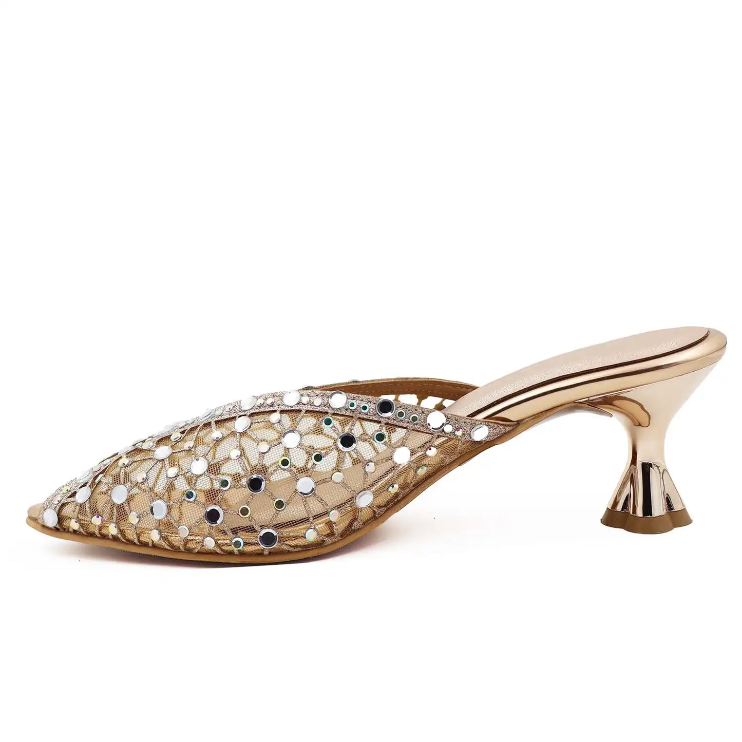 Side view of rose gold kitten heel mule sandal