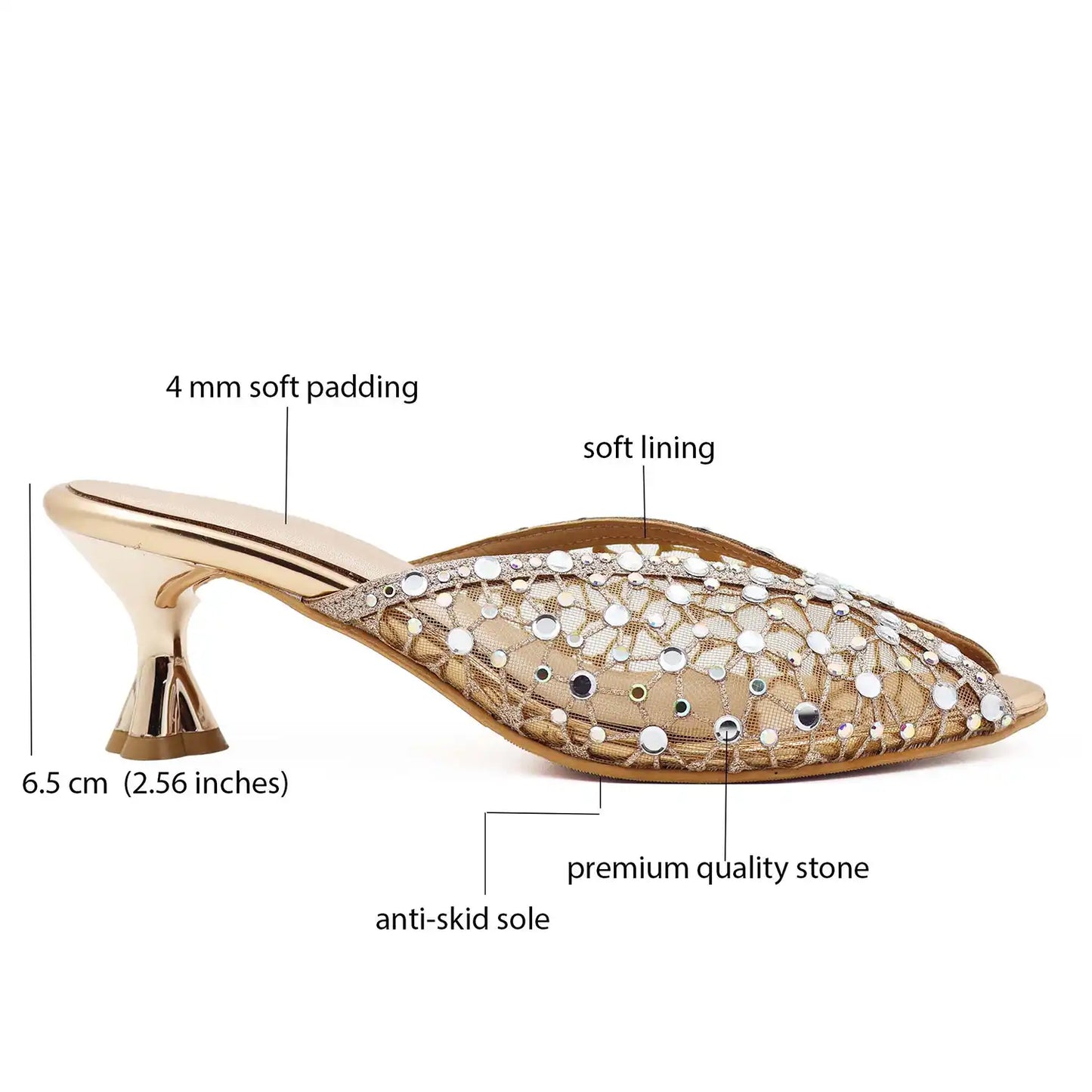 Rose gold mule heel with 6.5 cm heel and soft padded insole
