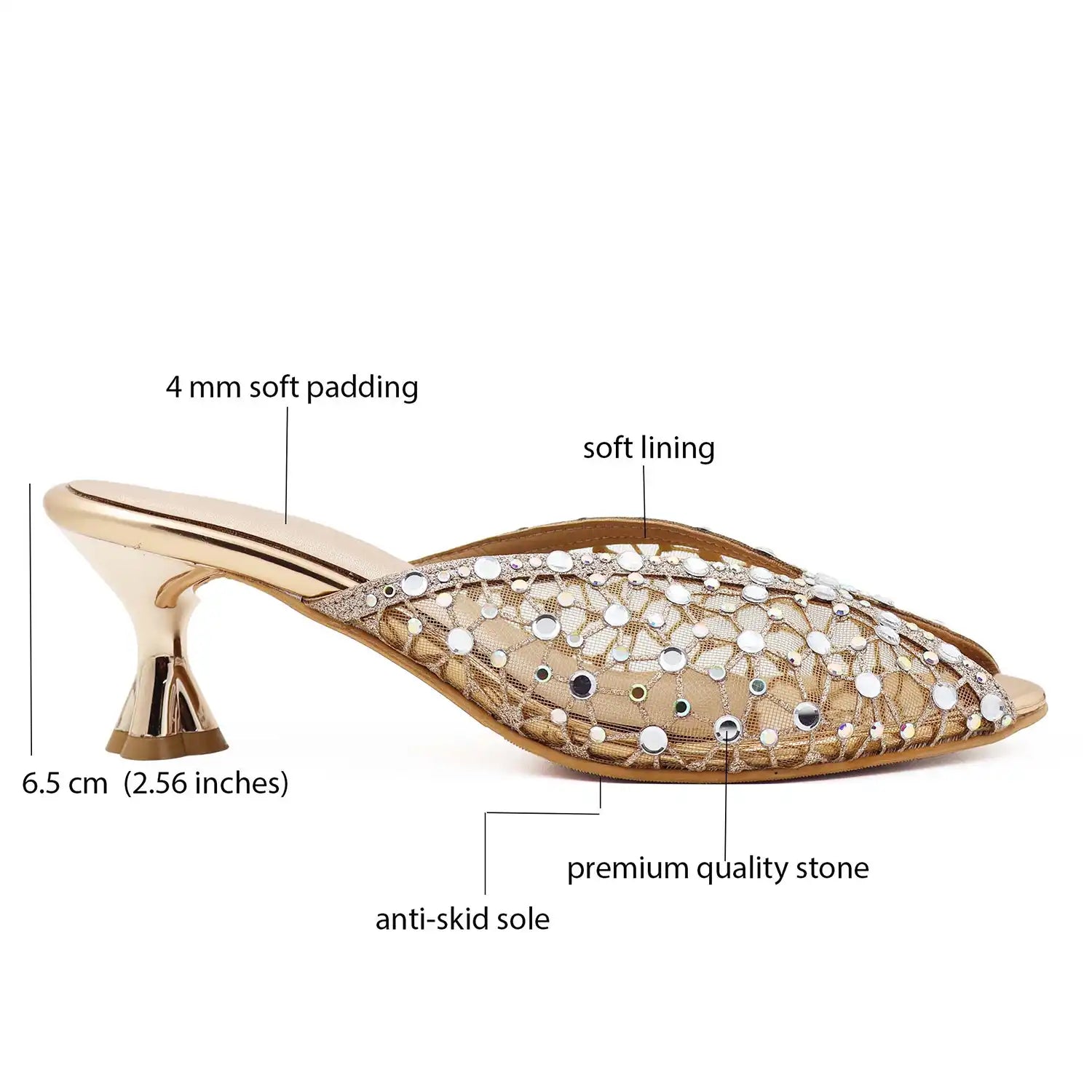 Rose gold mule heel with 6.5 cm heel and soft padded insole