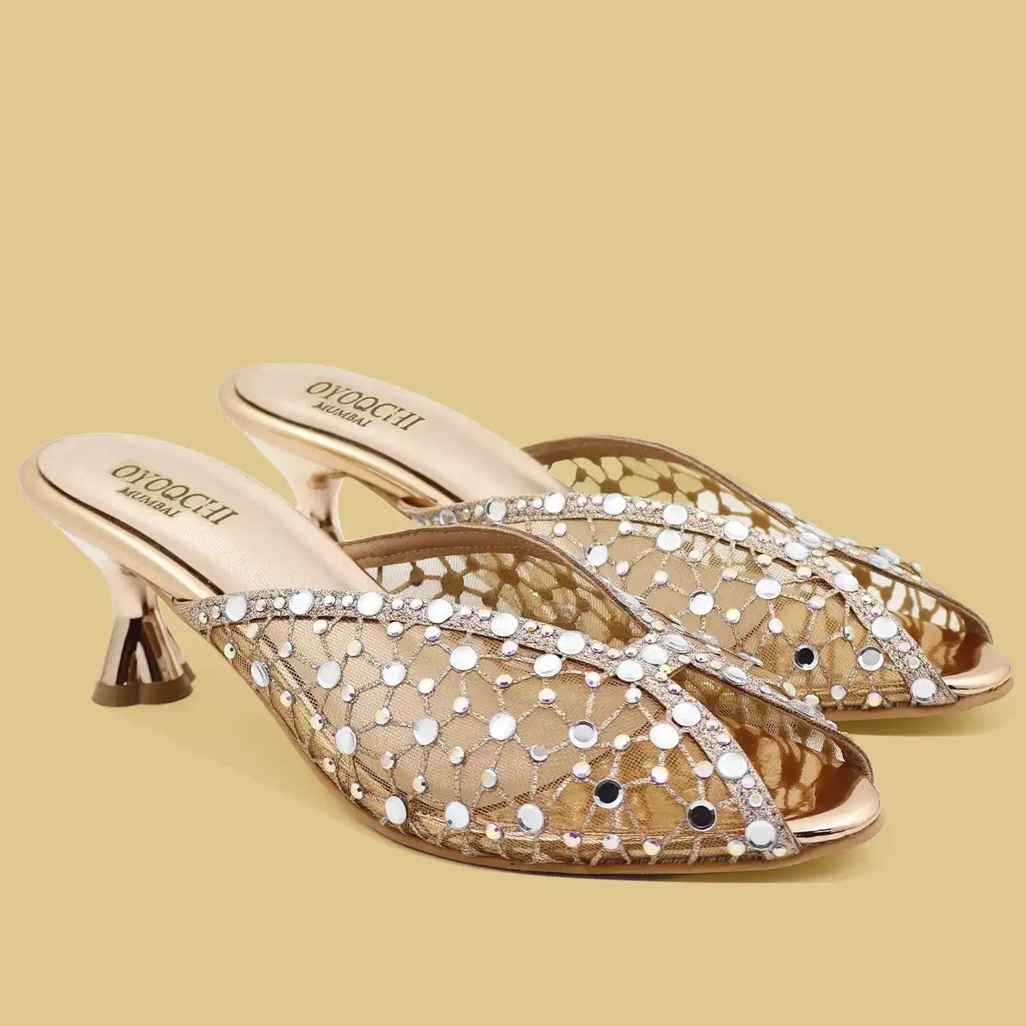 Rose gold rhinestone embellished mule heels with mesh upper