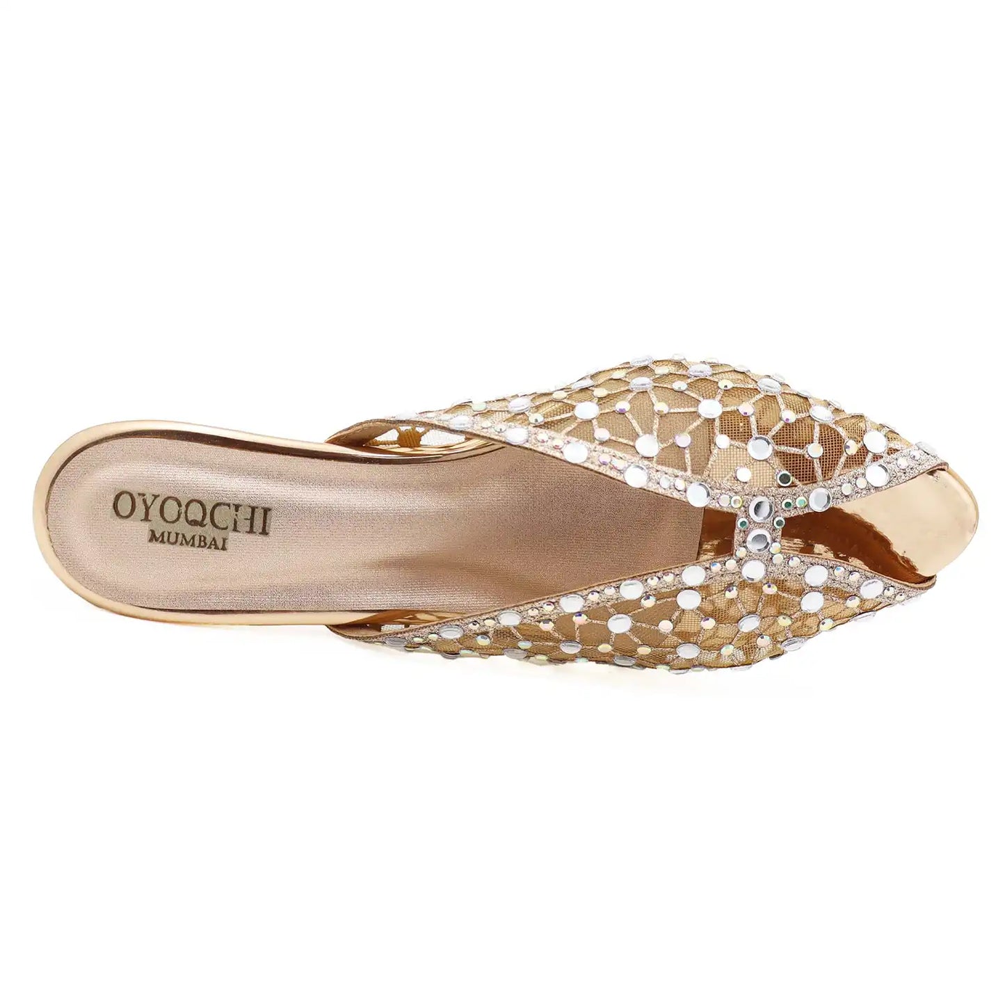 Top view of rose gold embellished mule sandal