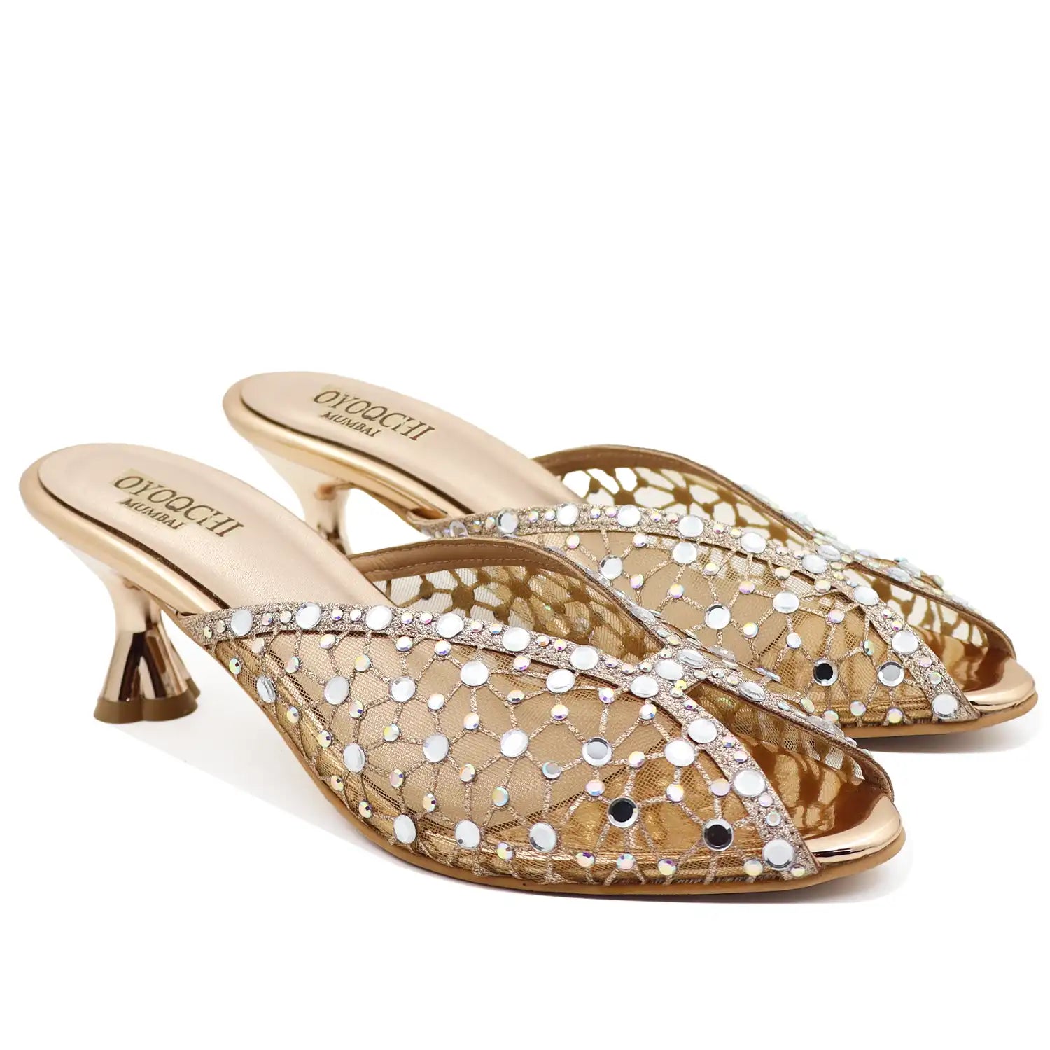 Rose gold pointed toe rhinestone mule heels for women
