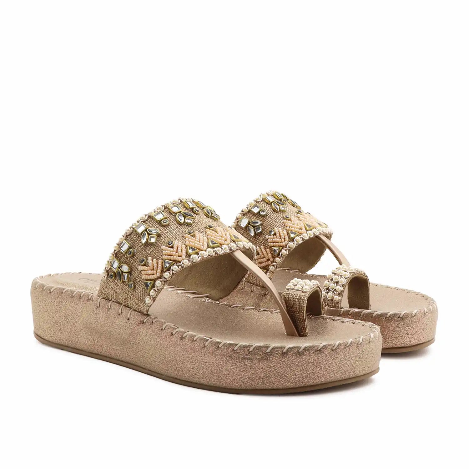 Oyoqchi women's rose gold ethnic wear platform sandals, angled pair view