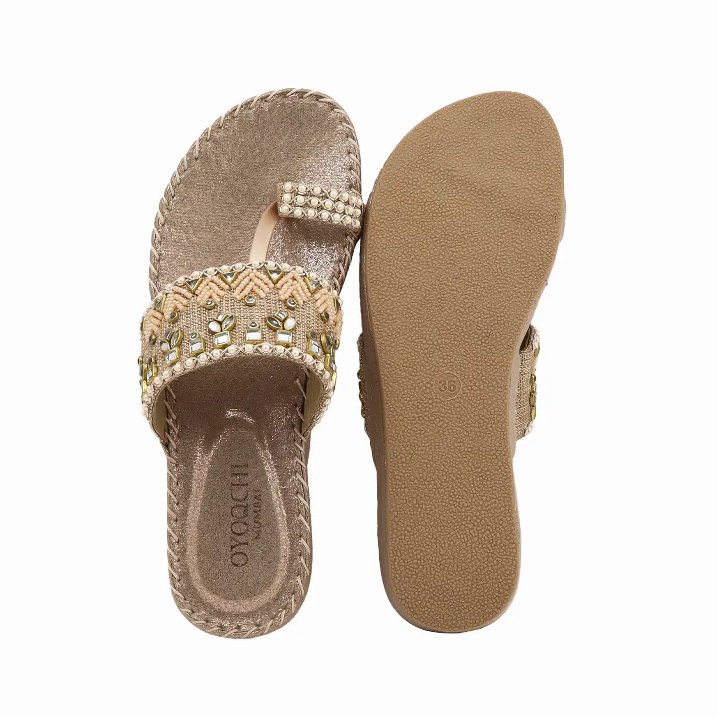 Oyoqchi women's rose gold ethnic wear platform sandals, top and sole view