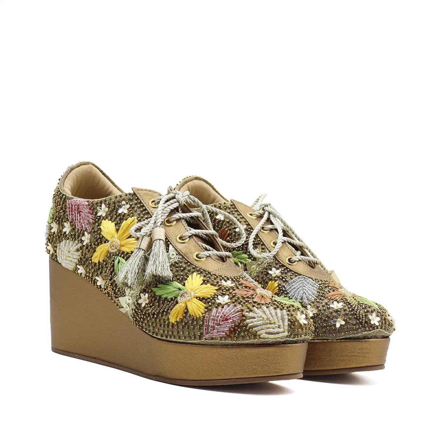 Angled pair view of women's bridal sneakers with 3 inch heels