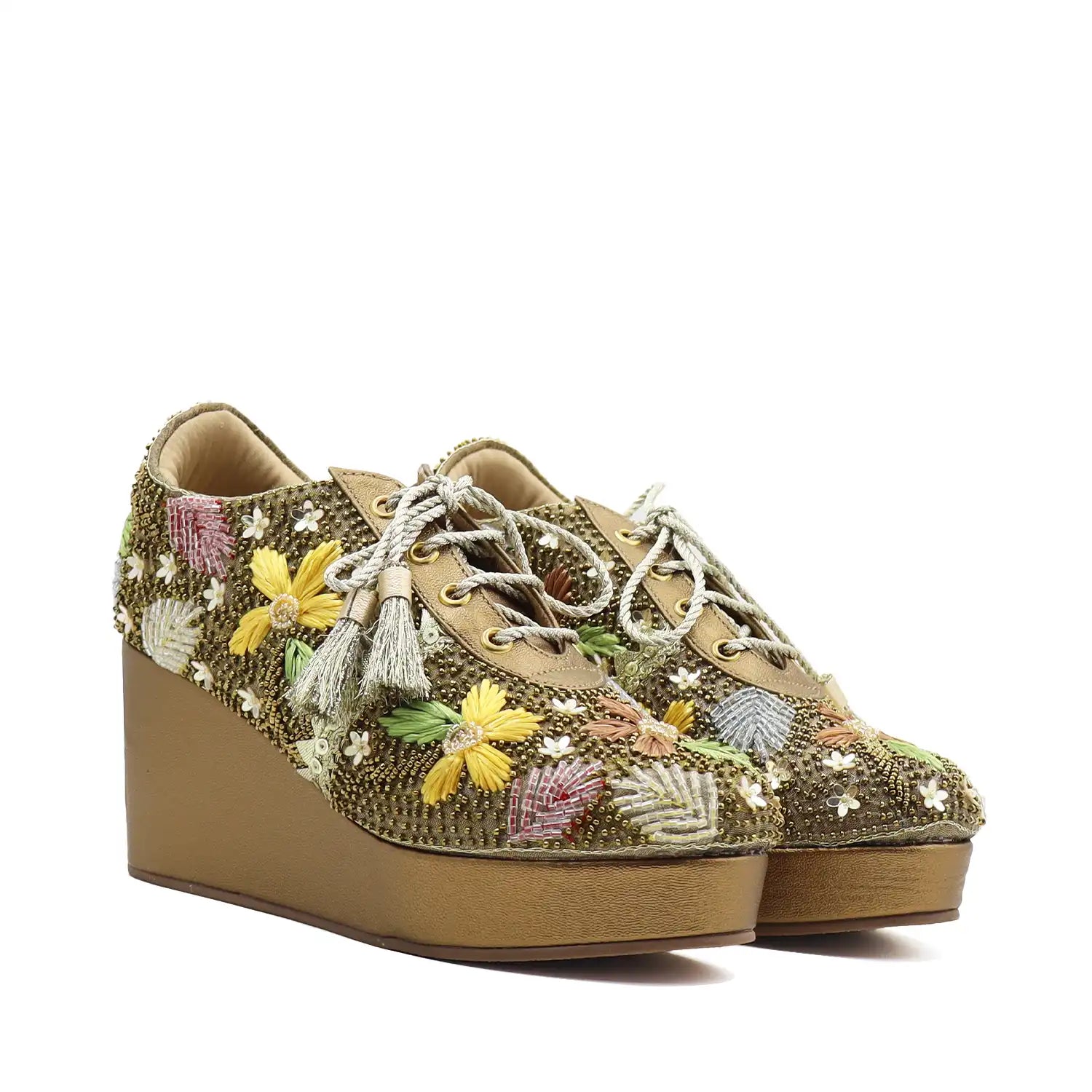 Angled pair view of women's bridal sneakers with 3 inch heels